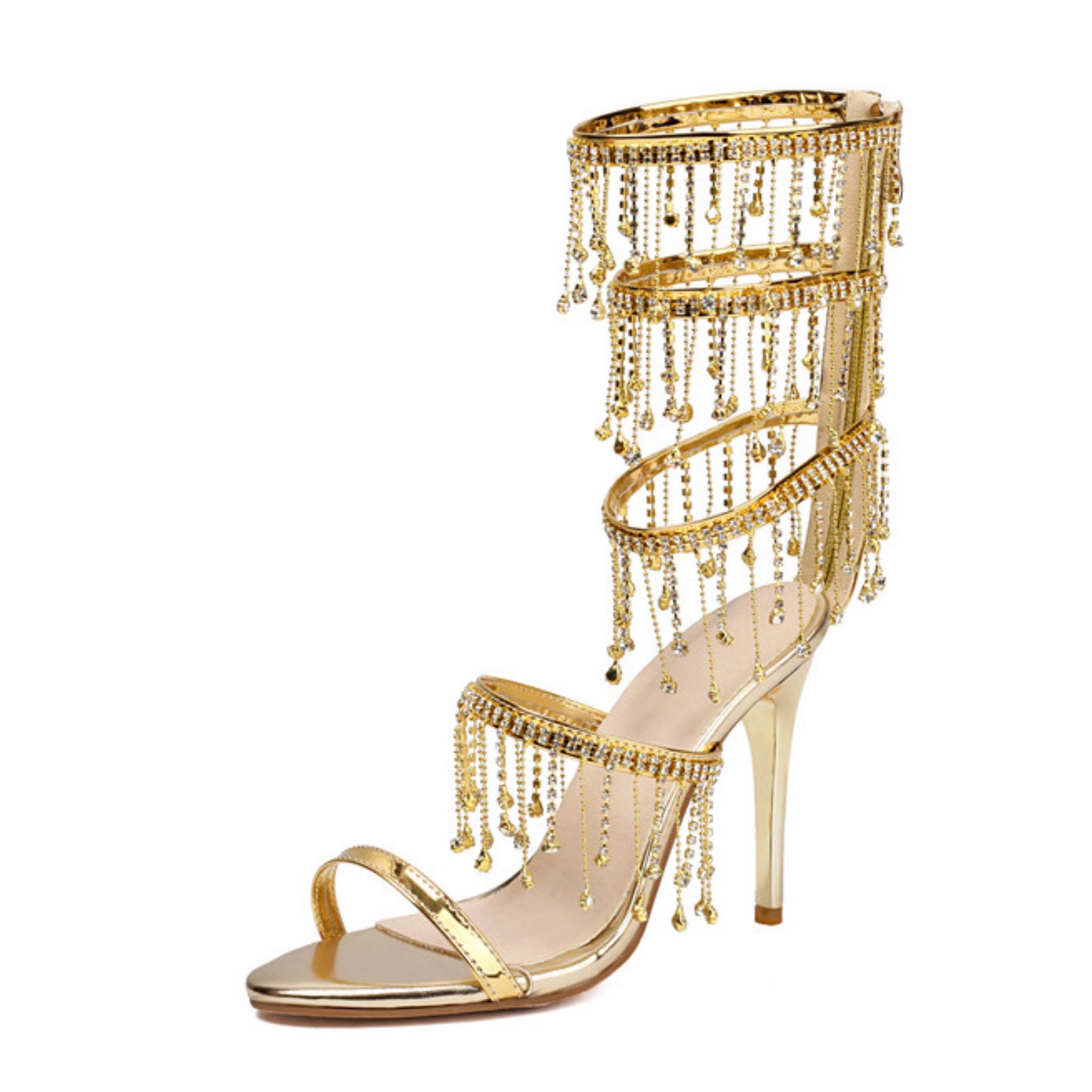 Shiny Metallic Gold Strappy Heels with Chains Sandals for Women