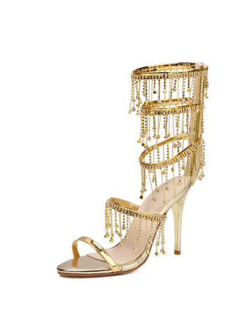 Shiny Metallic Gold Strappy Heels with Chains Sandals for Women