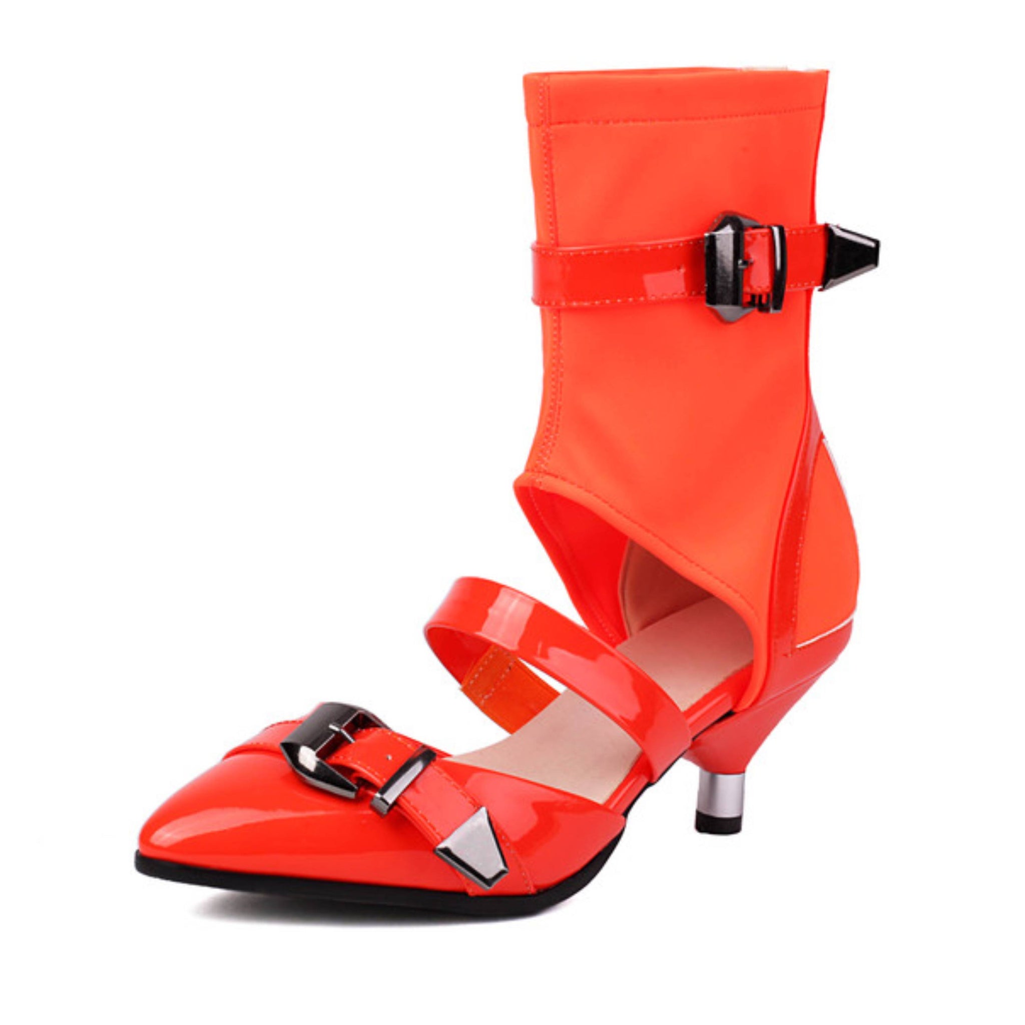 Orange kitten-heeled sandals with black buckles