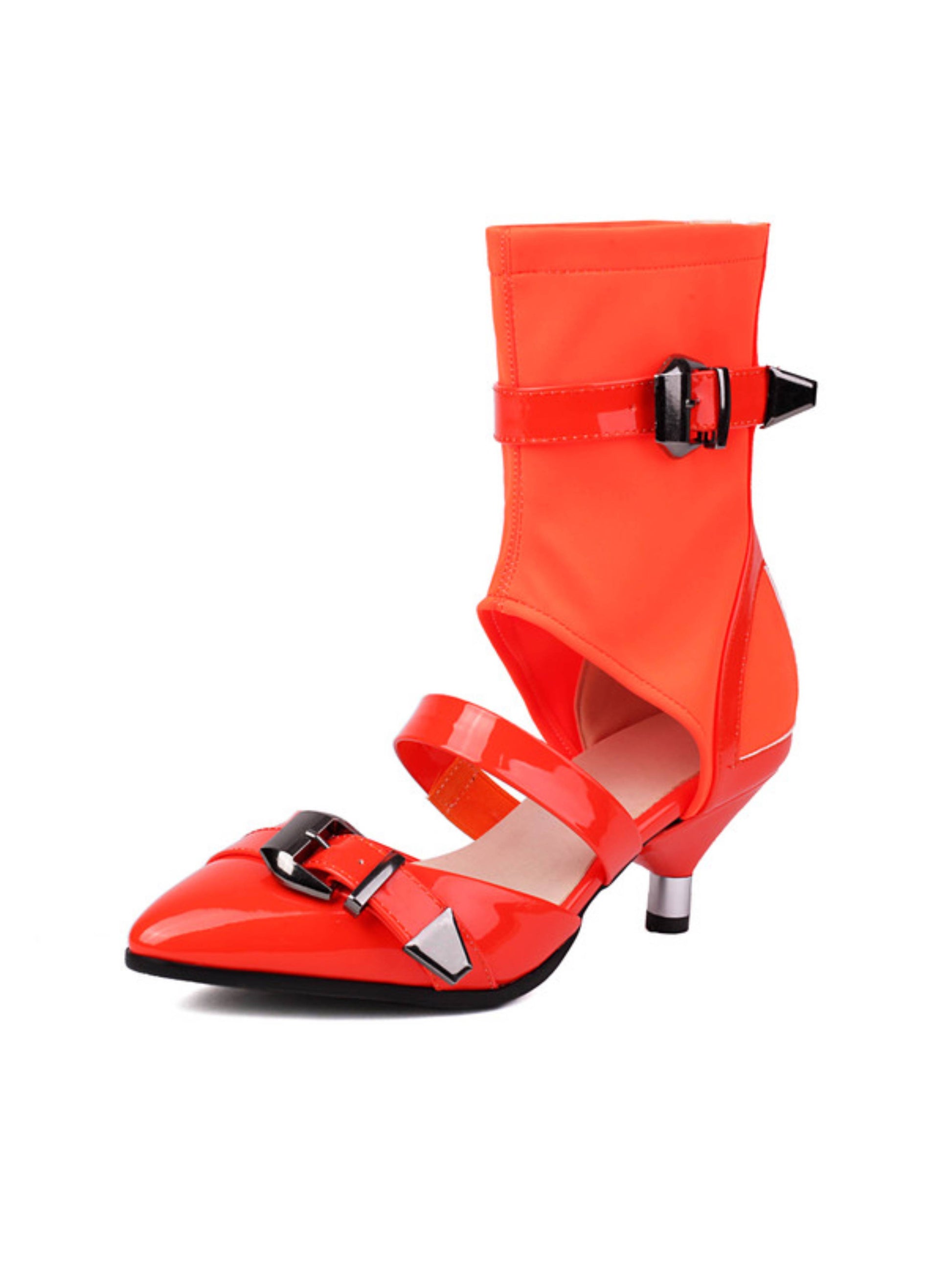 Orange kitten-heeled sandals with black buckles