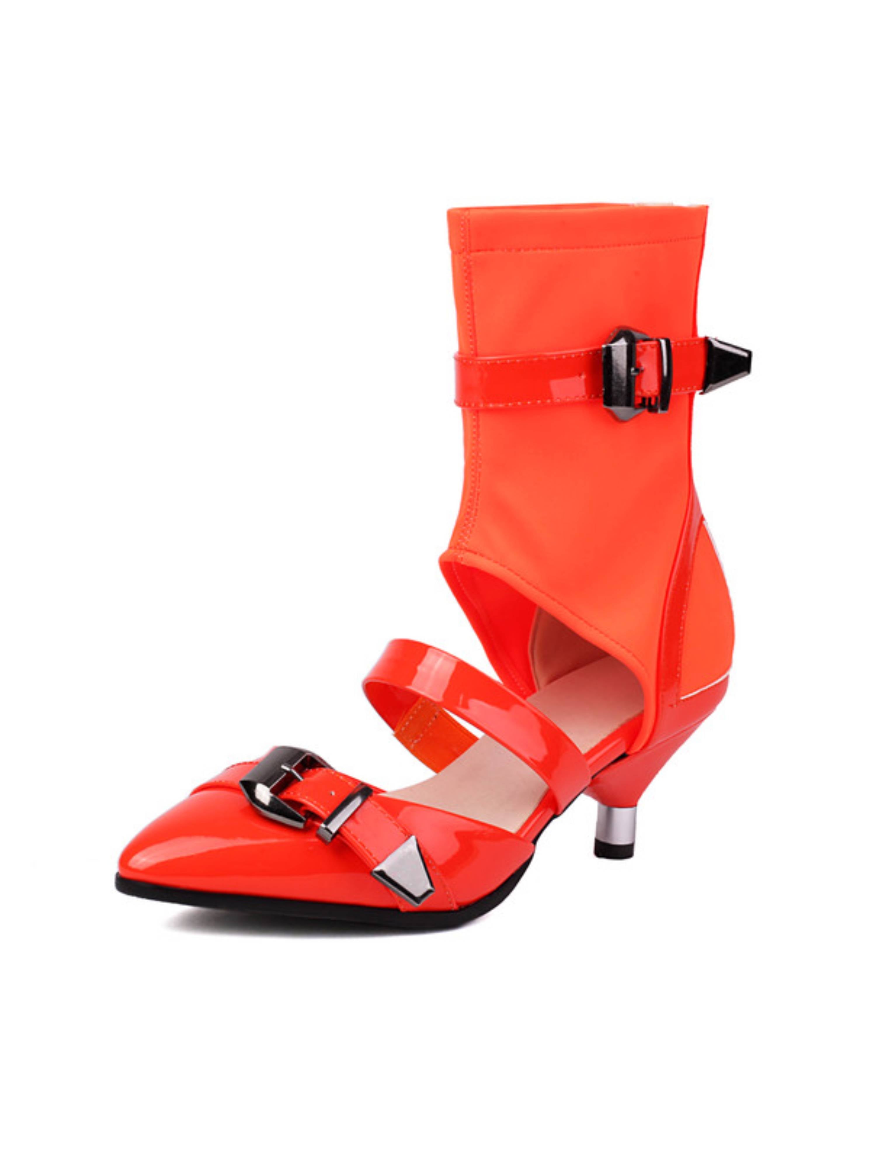 Orange kitten-heeled sandals with black buckles
