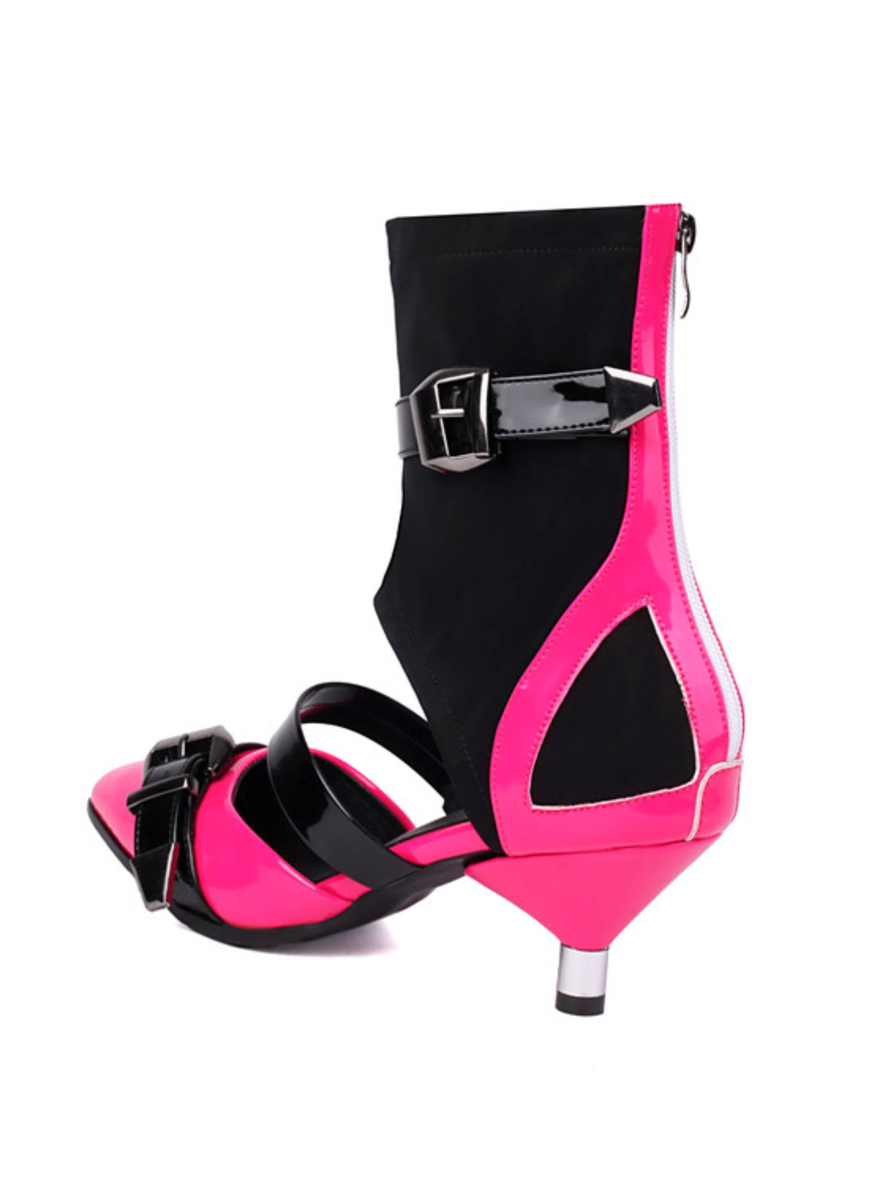Futuristic Pink & Black Buckled Low Heel Sandals for Women