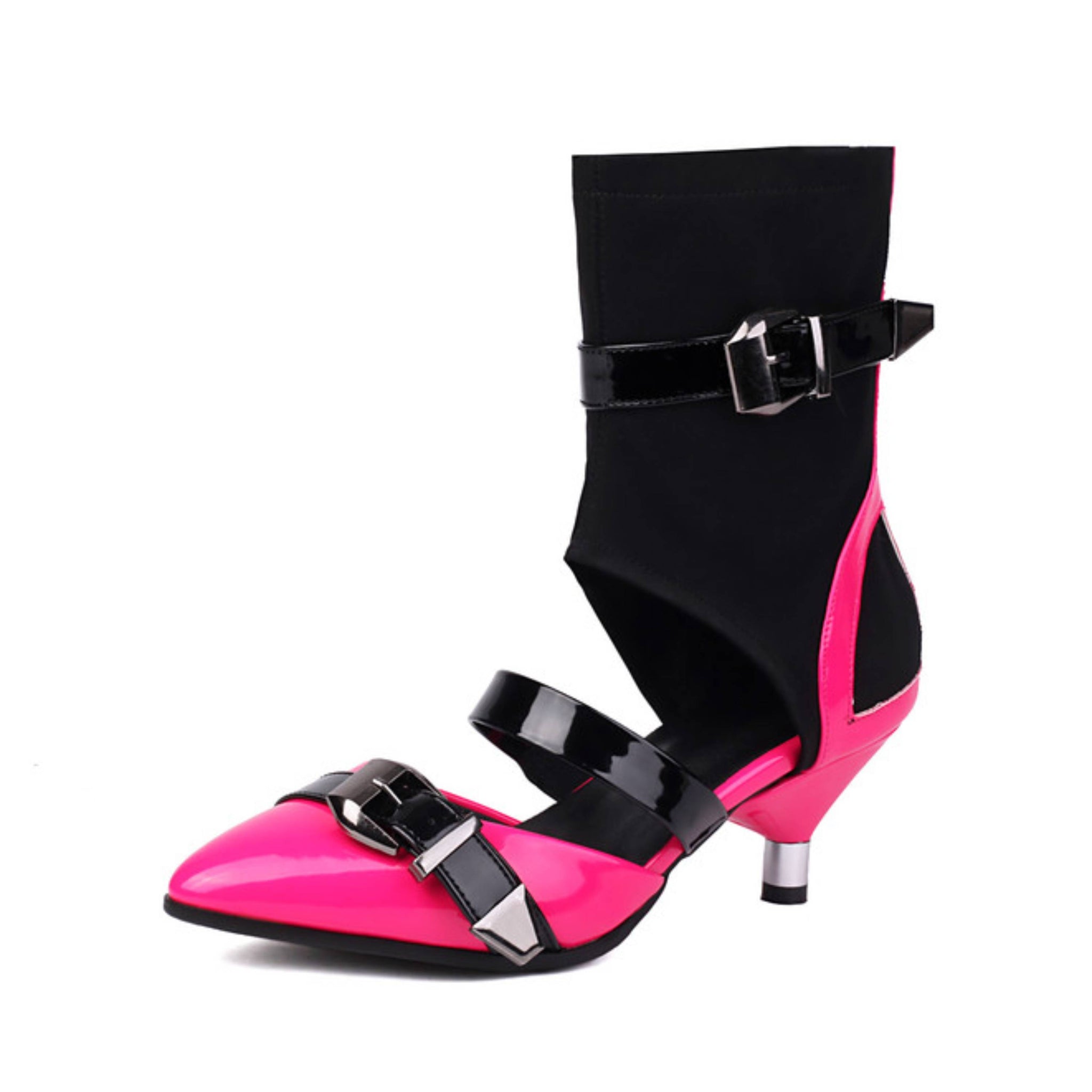 Futuristic Pink & Black Buckled Low Heel Sandals for Women