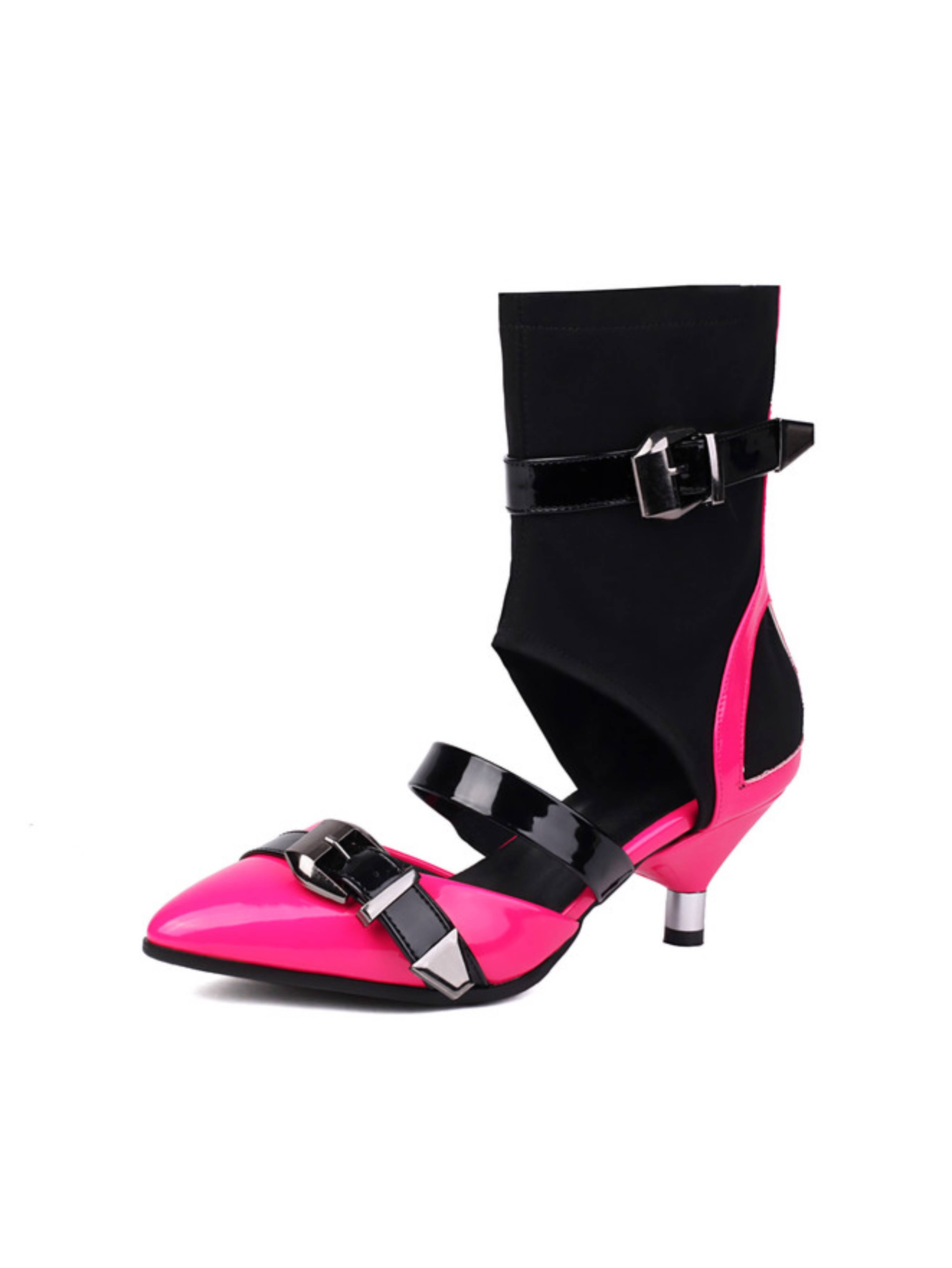 Futuristic Pink & Black Buckled Low Heel Sandals for Women