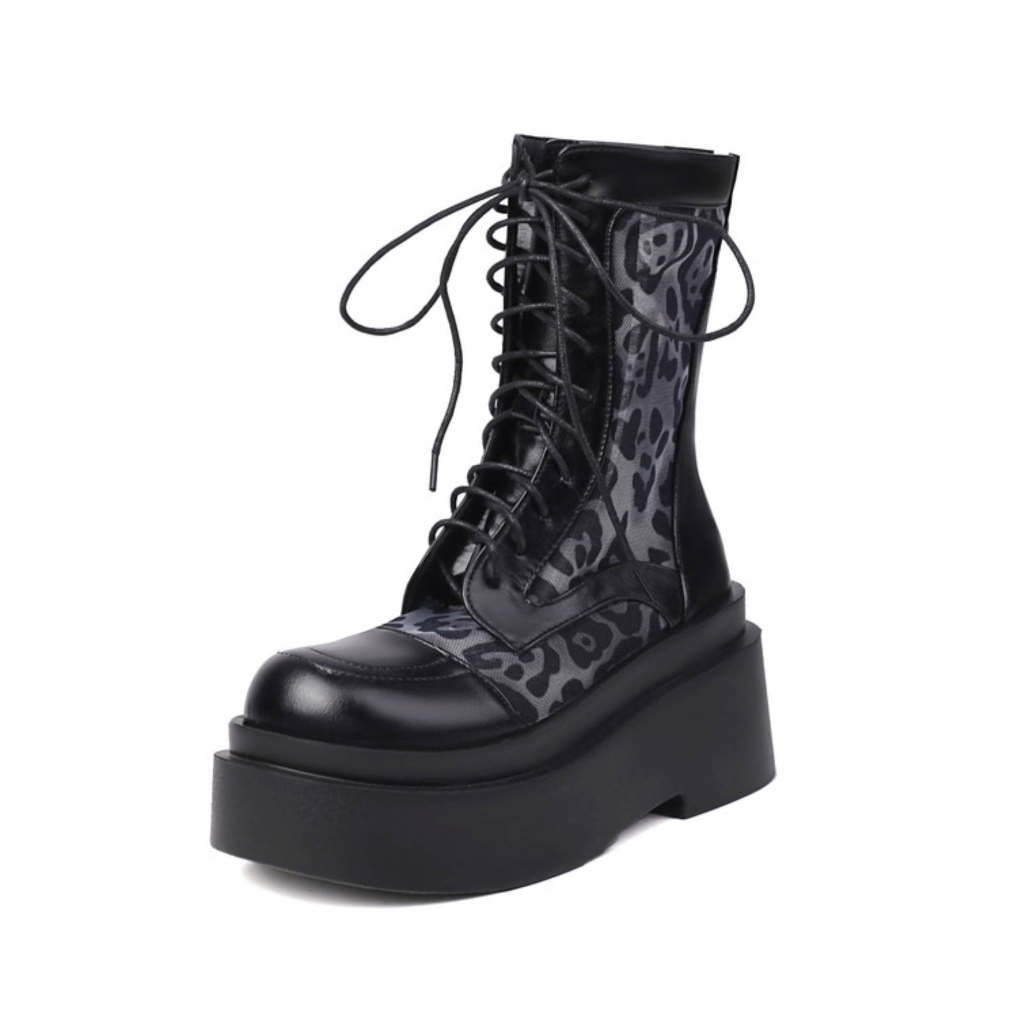 Gothic Chunky Heel Lace-Up Combat Boots Black Sandals for Women