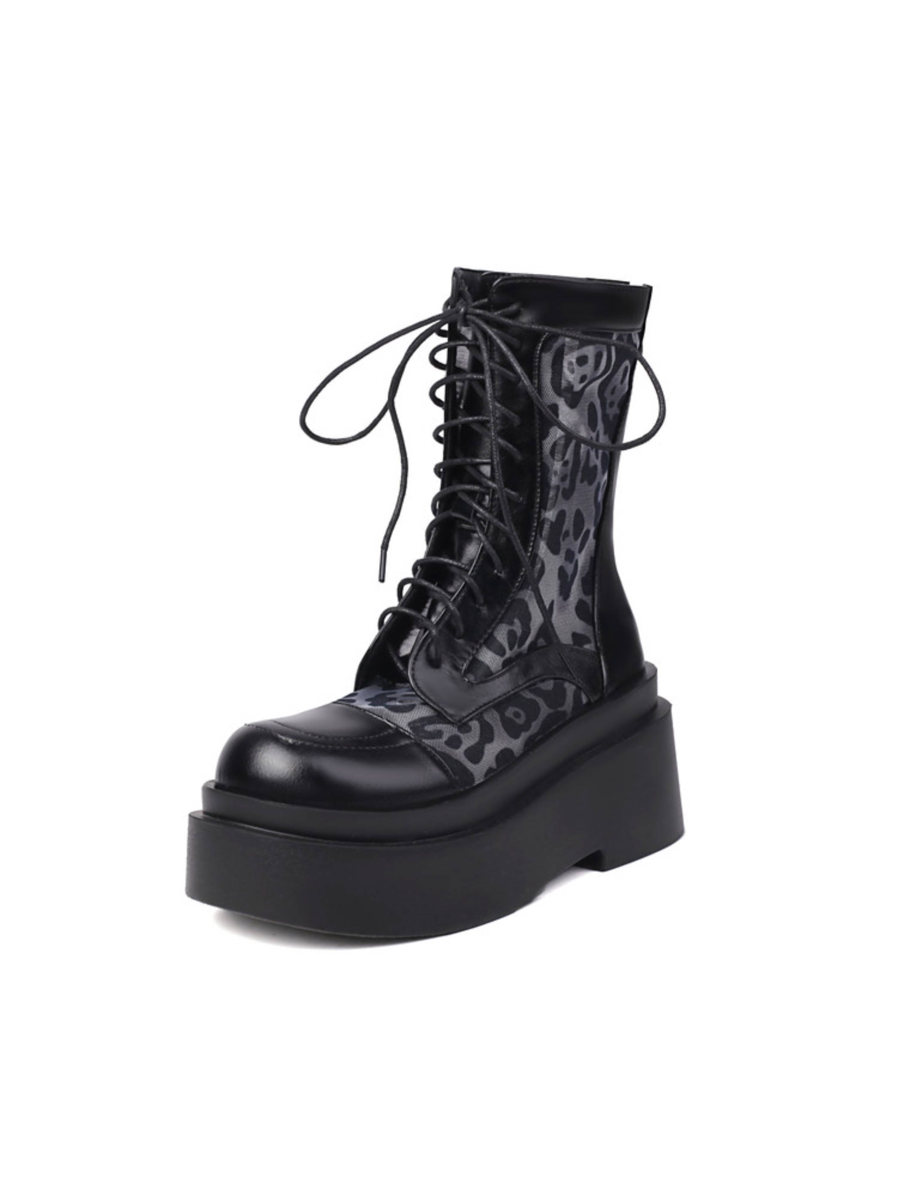 Gothic Chunky Heel Lace-Up Combat Boots Black Sandals for Women