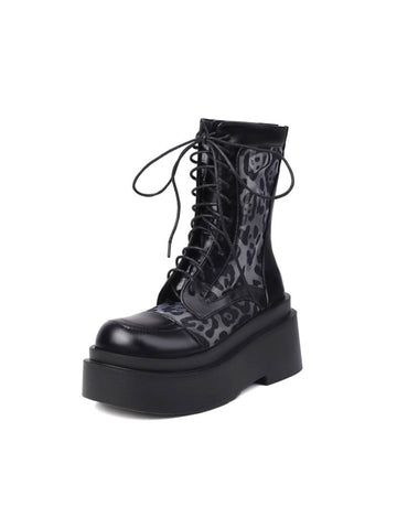 Gothic Chunky Heel Lace-Up Combat Boots Black Sandals for Women