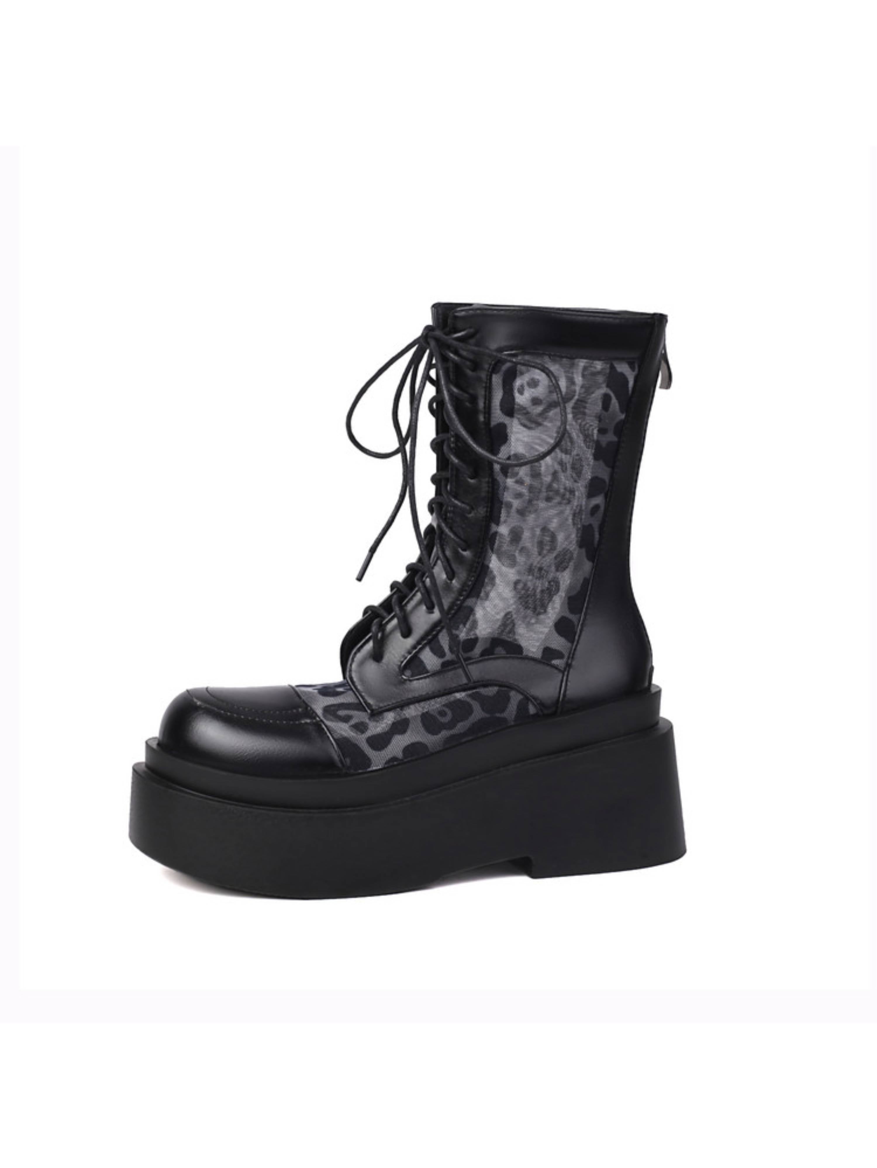 Gothic Chunky Heel Lace-Up Combat Boots Black Sandals for Women