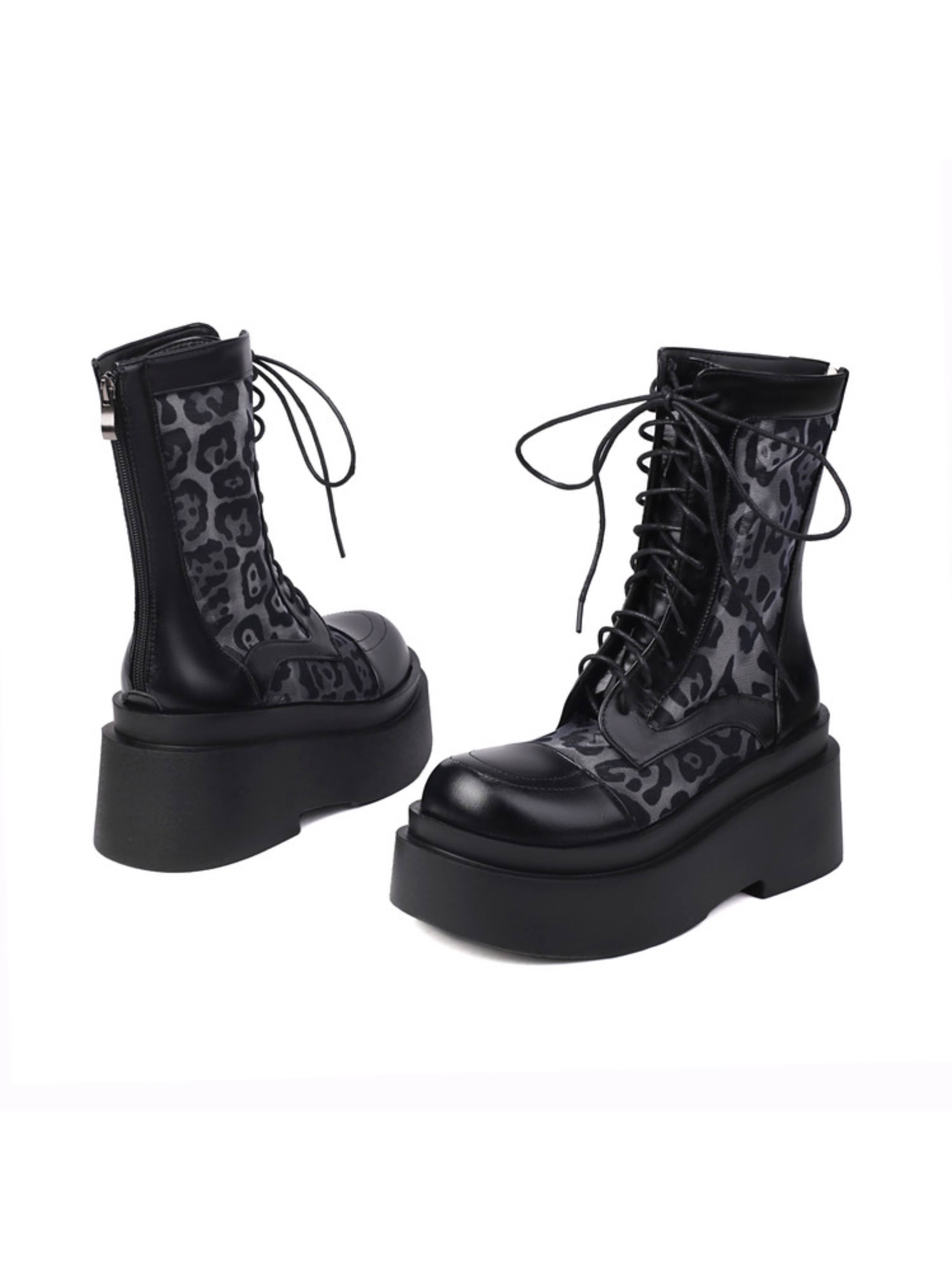Gothic Chunky Heel Lace-Up Combat Boots Black Sandals for Women