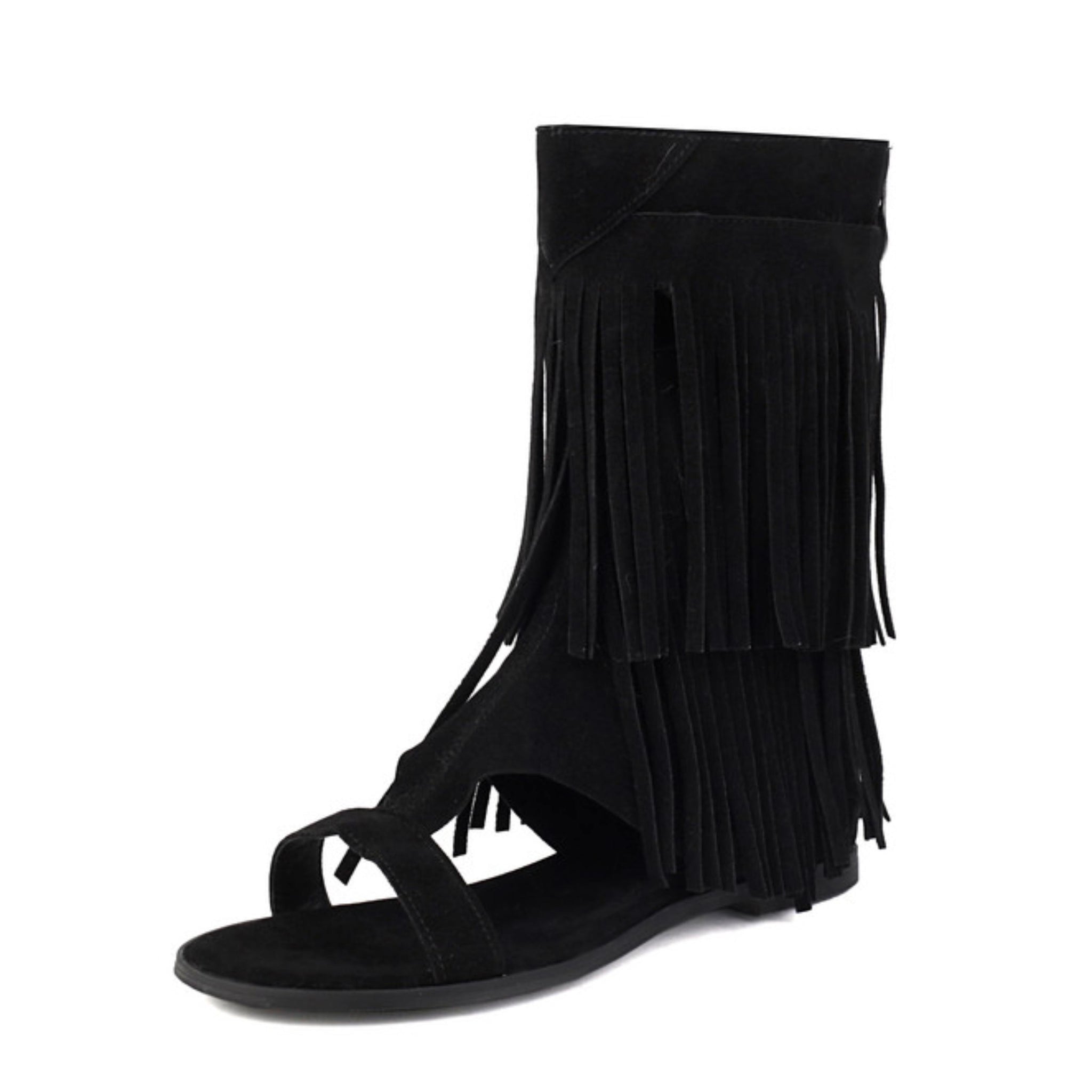 Black Fringe Open-Toe Gladiator Sandals for Women
