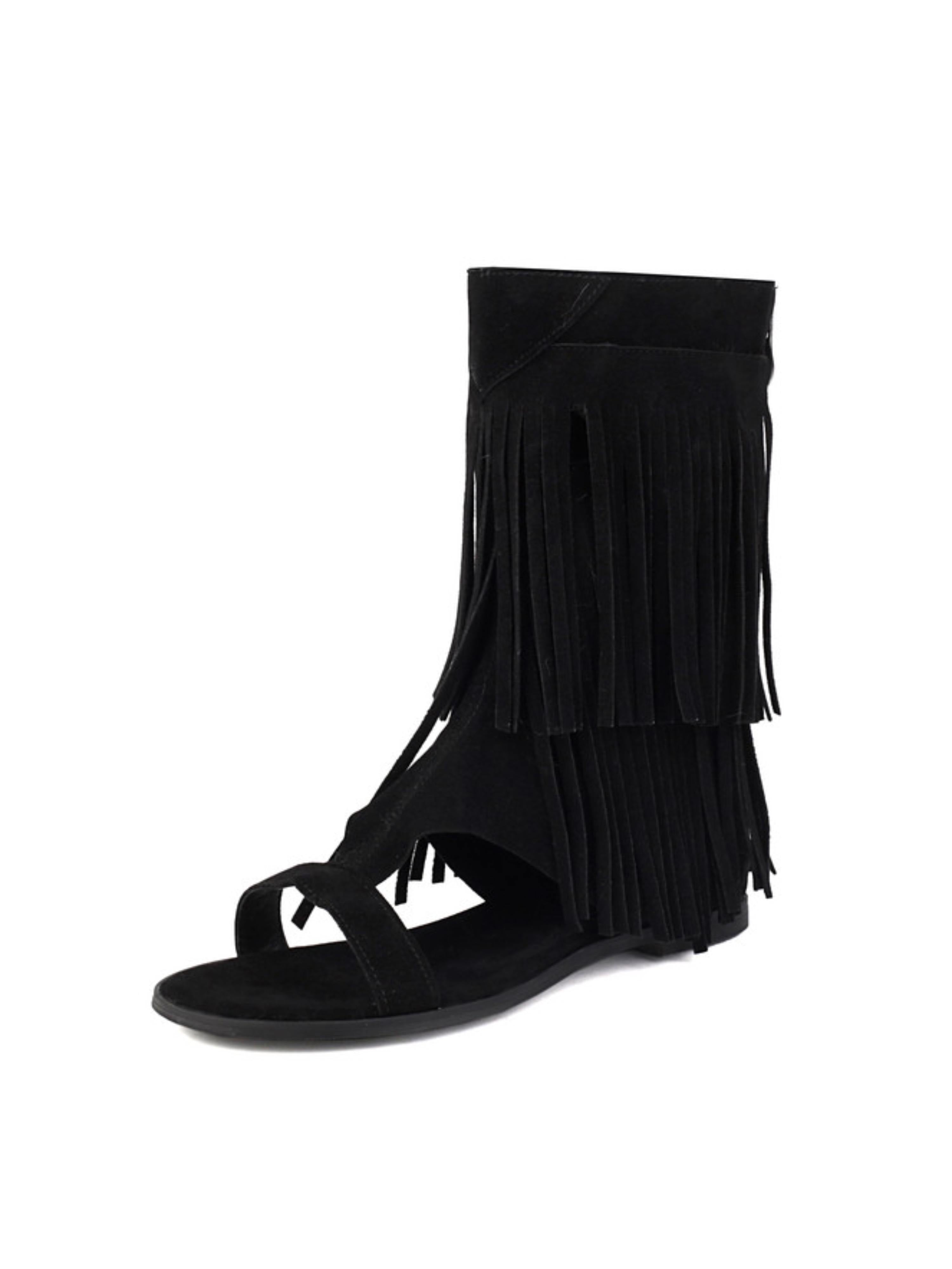 Black Fringe Open-Toe Gladiator Sandals for Women