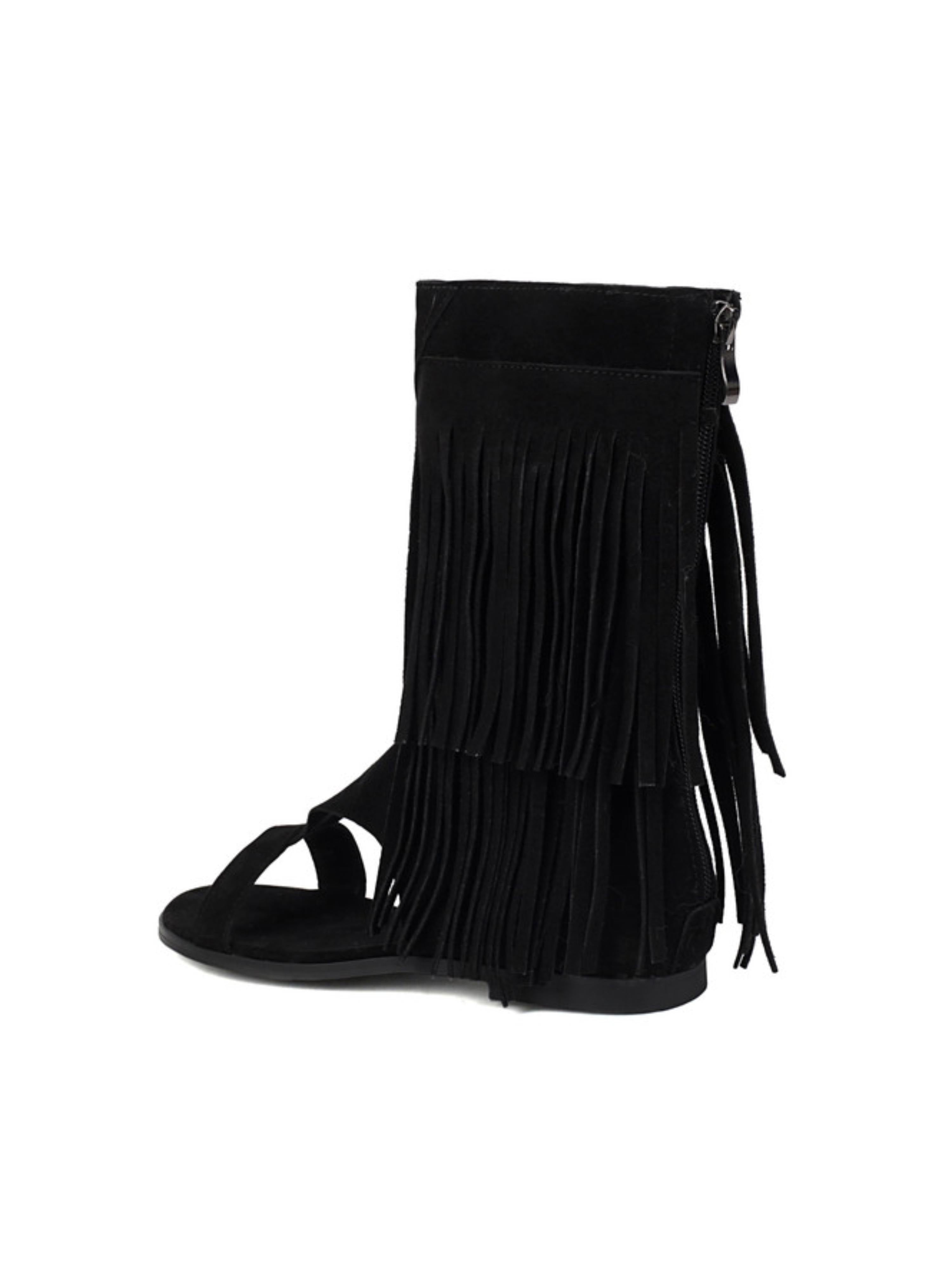 Black Fringe Open-Toe Gladiator Sandals for Women