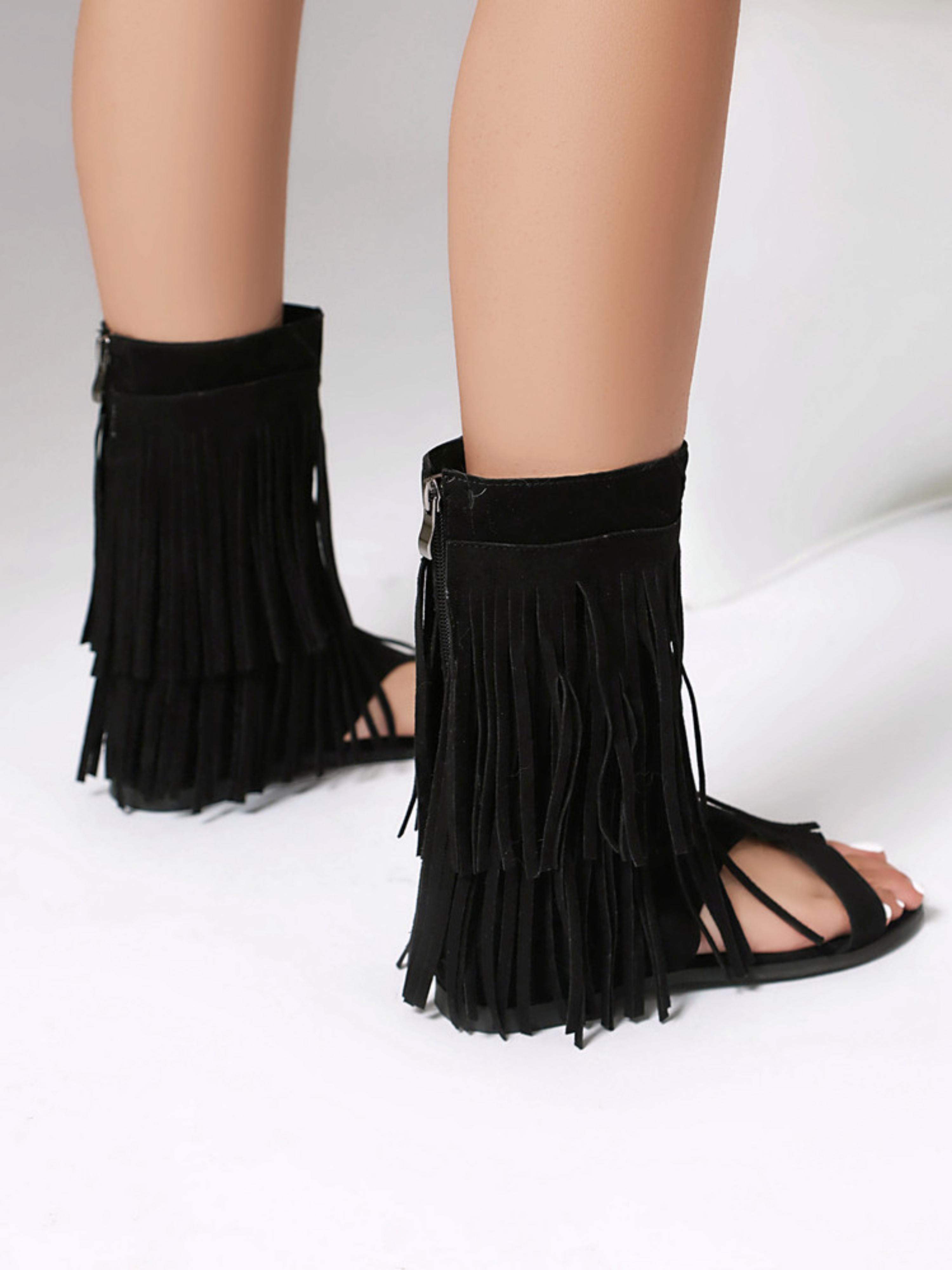 Black Fringe Open-Toe Gladiator Sandals for Women