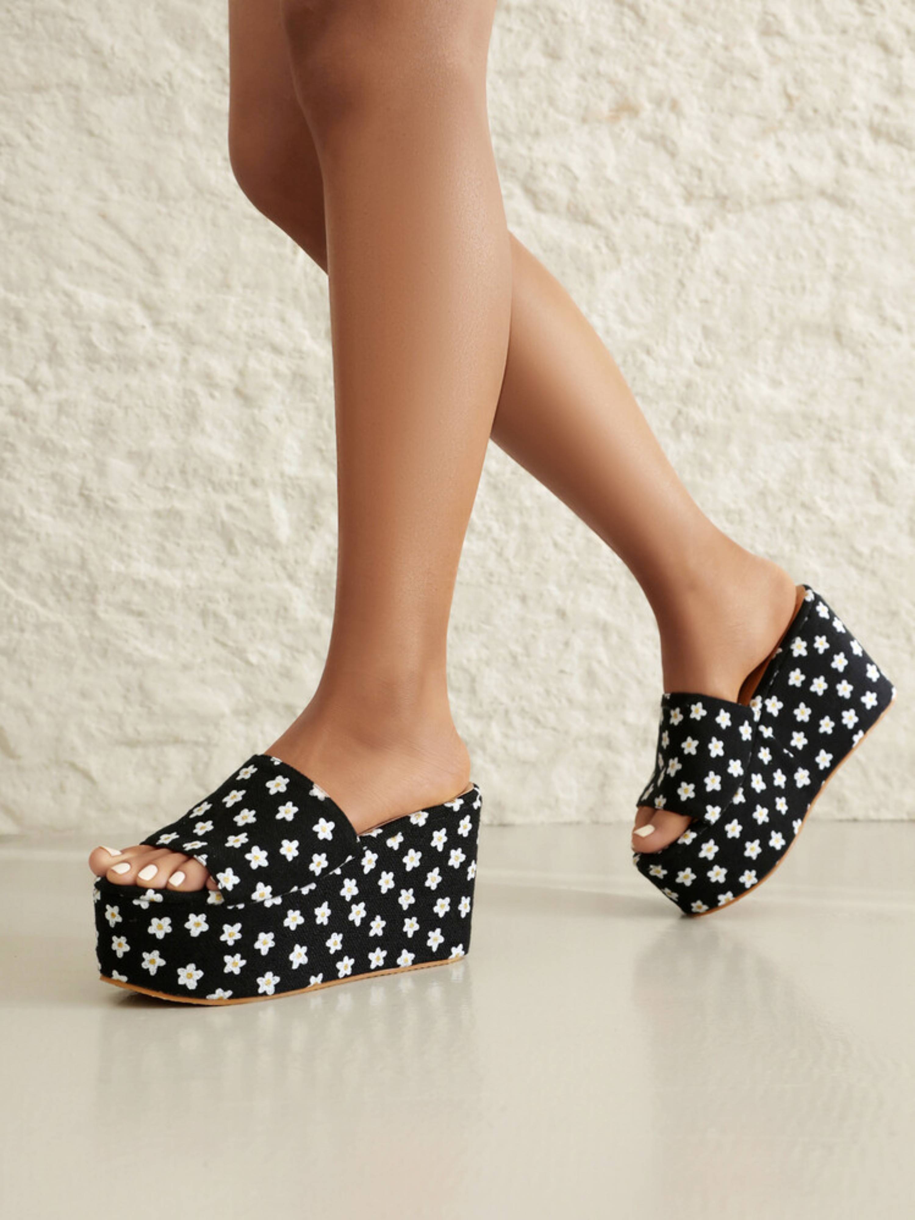 Floral Bliss Black Platform Wedge Sandals for Women