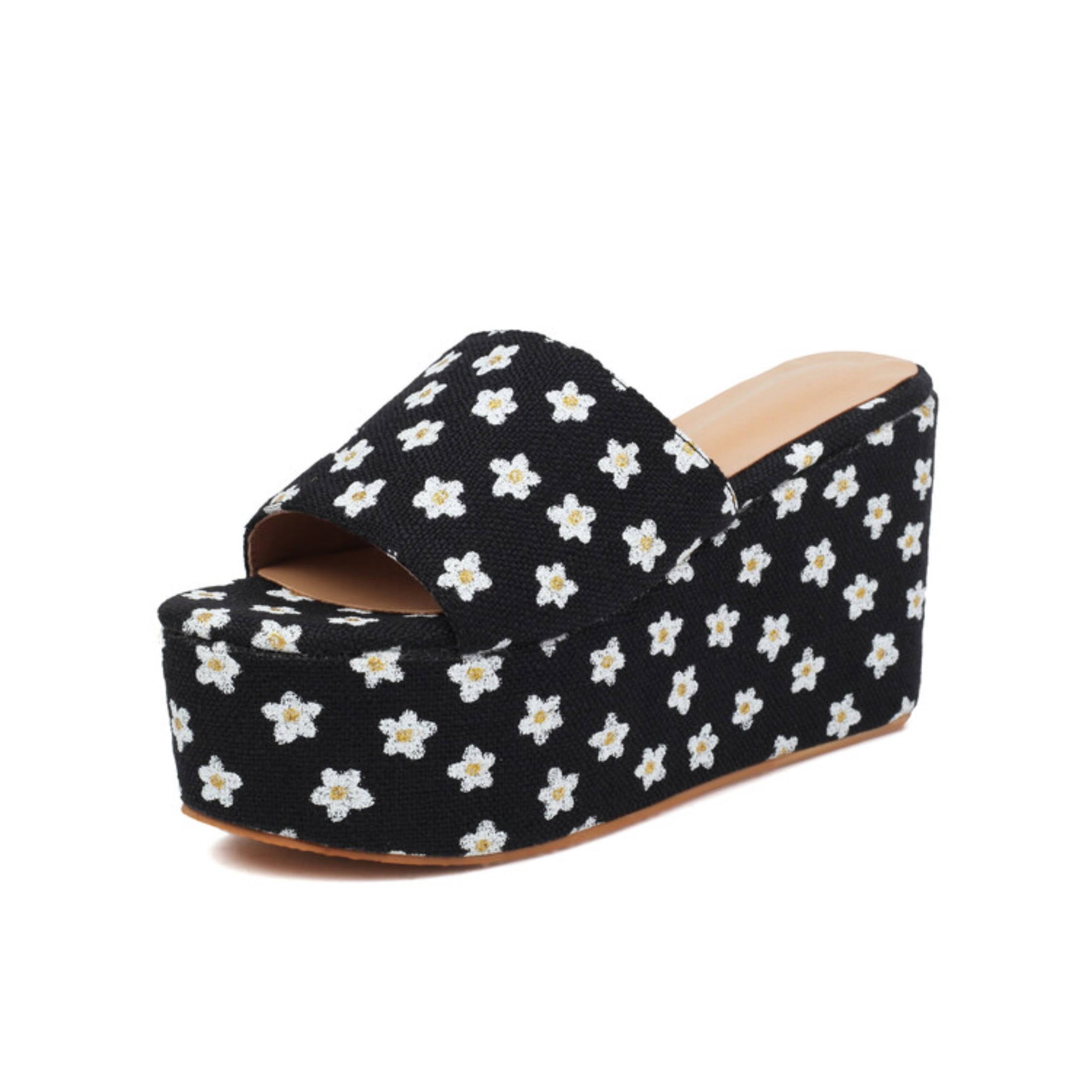 Black wedge sandal with white floral pattern