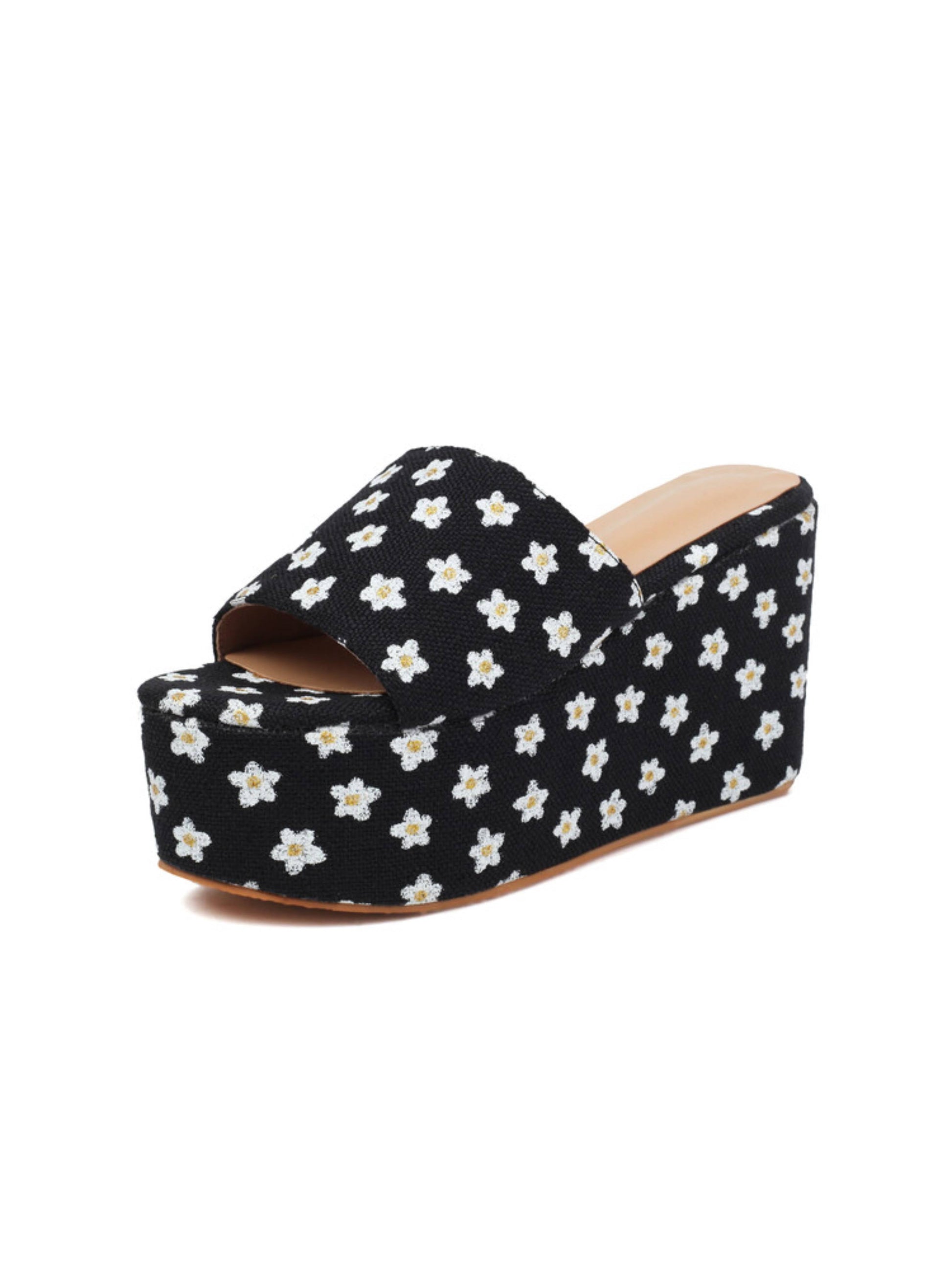 Black wedge sandal with white floral pattern