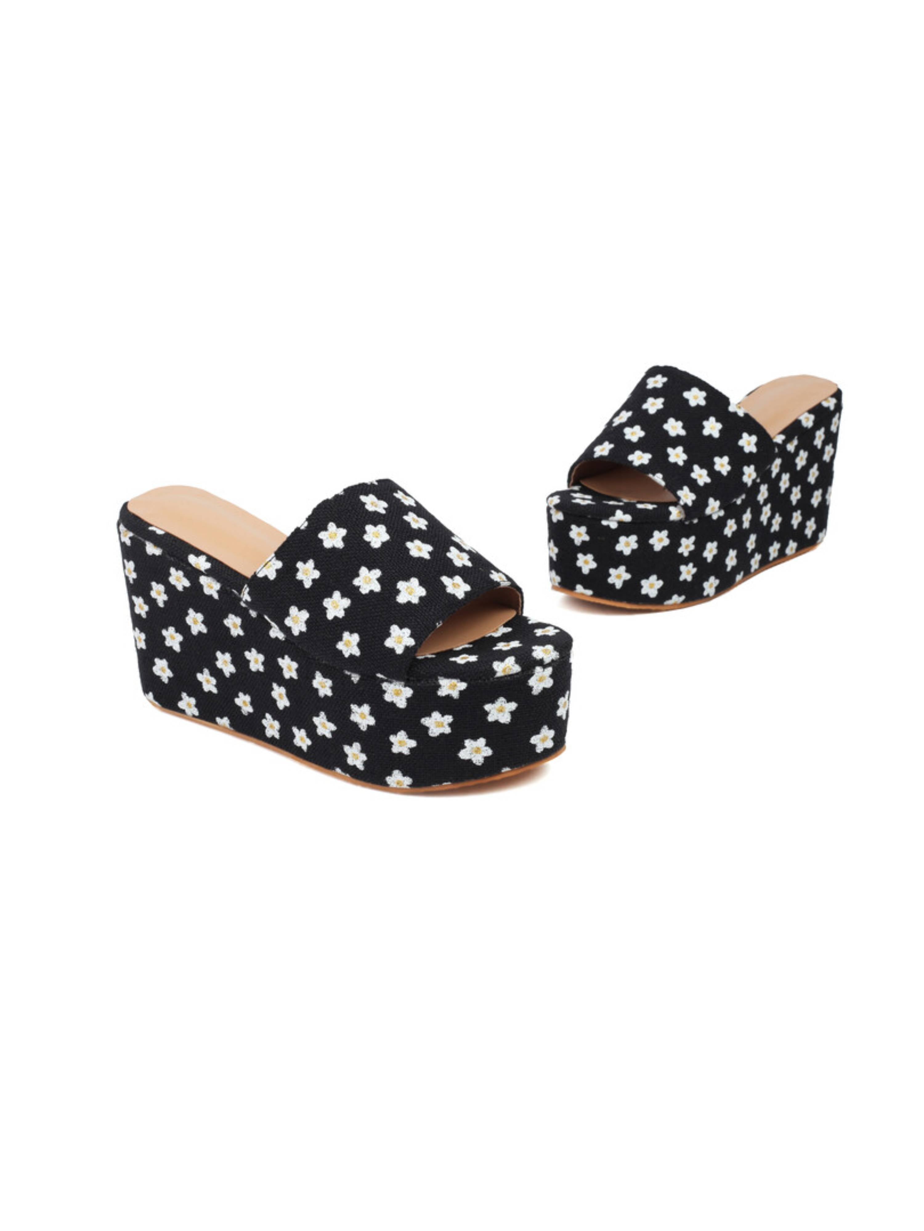 Floral Bliss Black Platform Wedge Sandals for Women