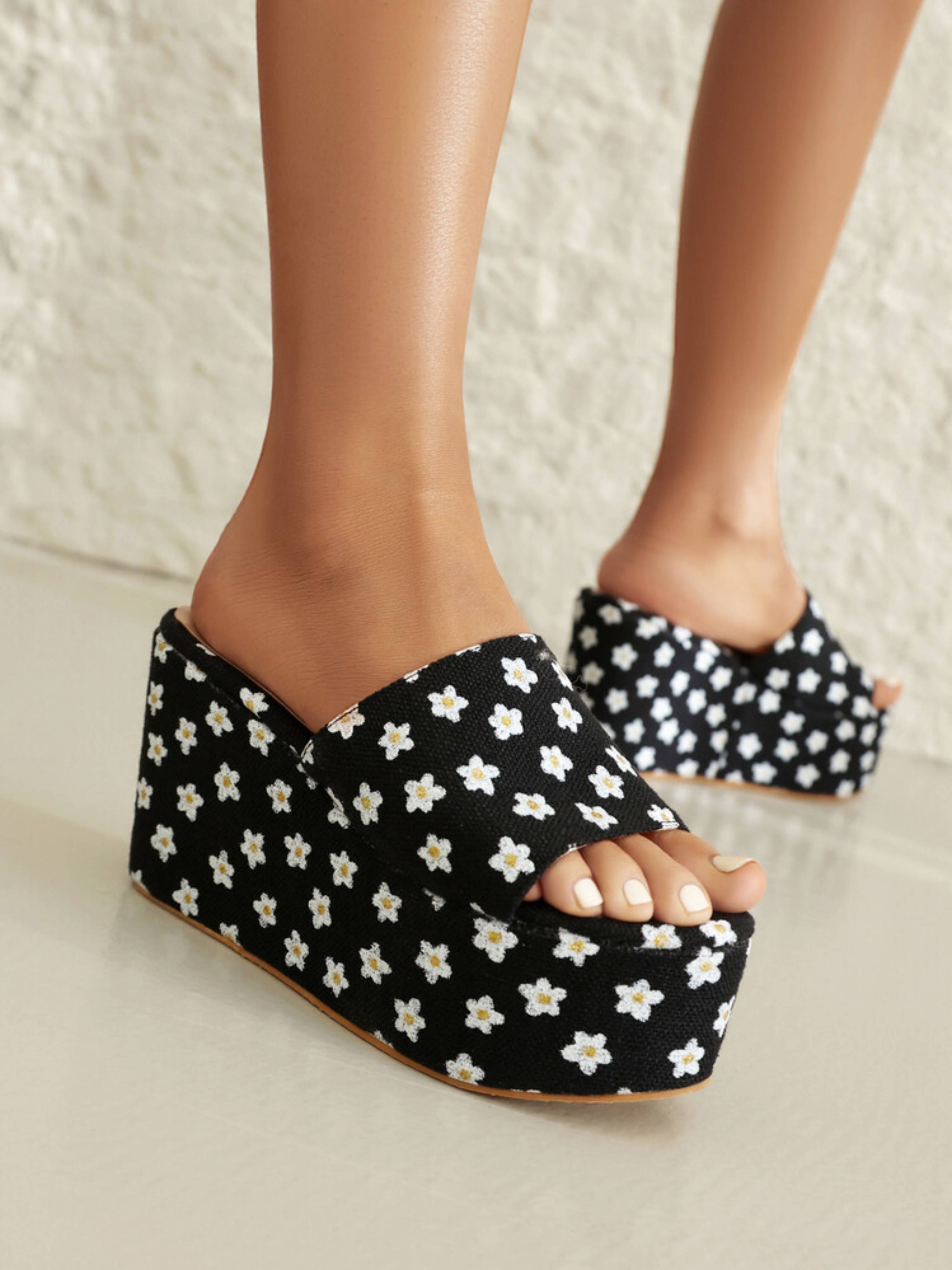 Floral Bliss Black Platform Wedge Sandals for Women
