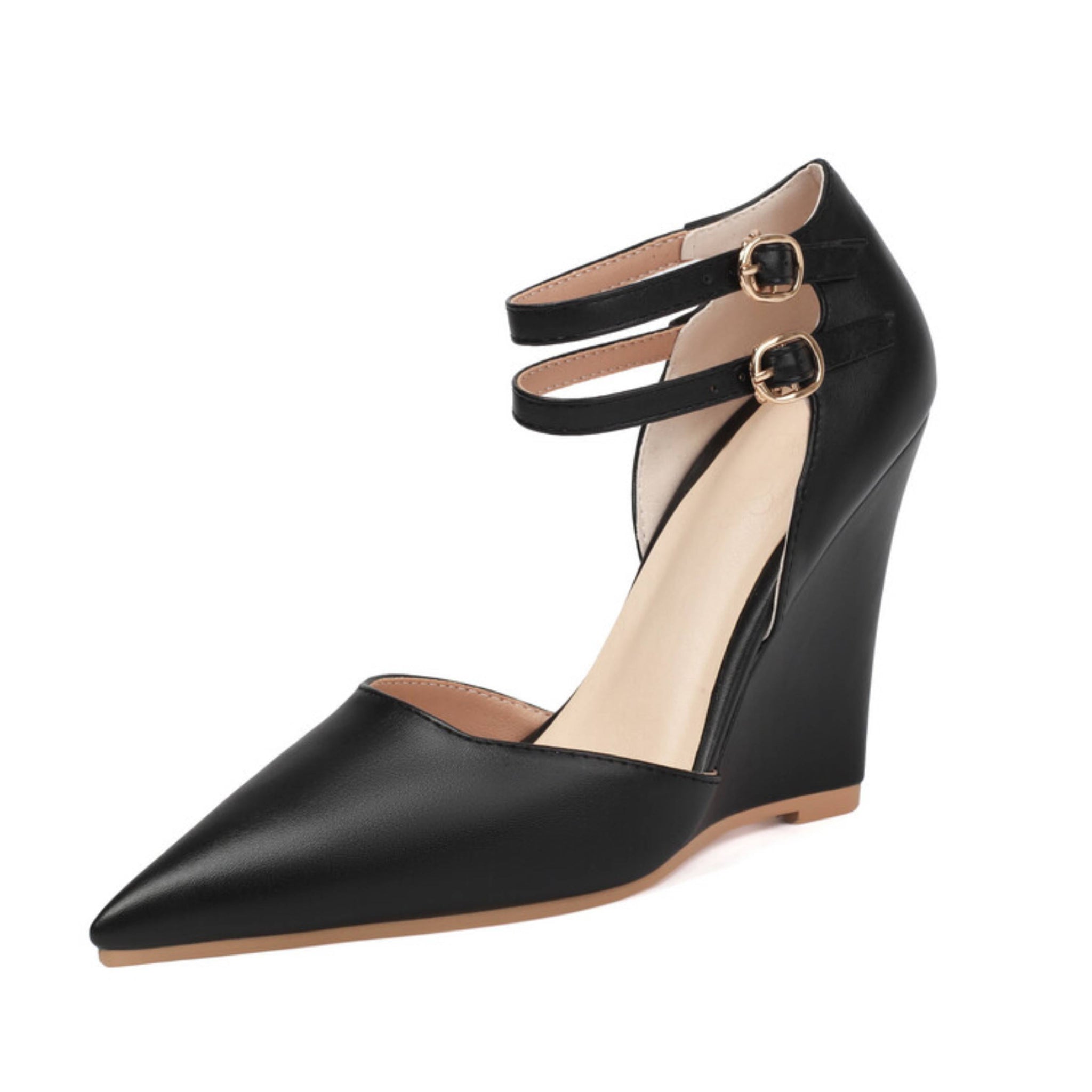 Black wedge heel shoe with ankle strap