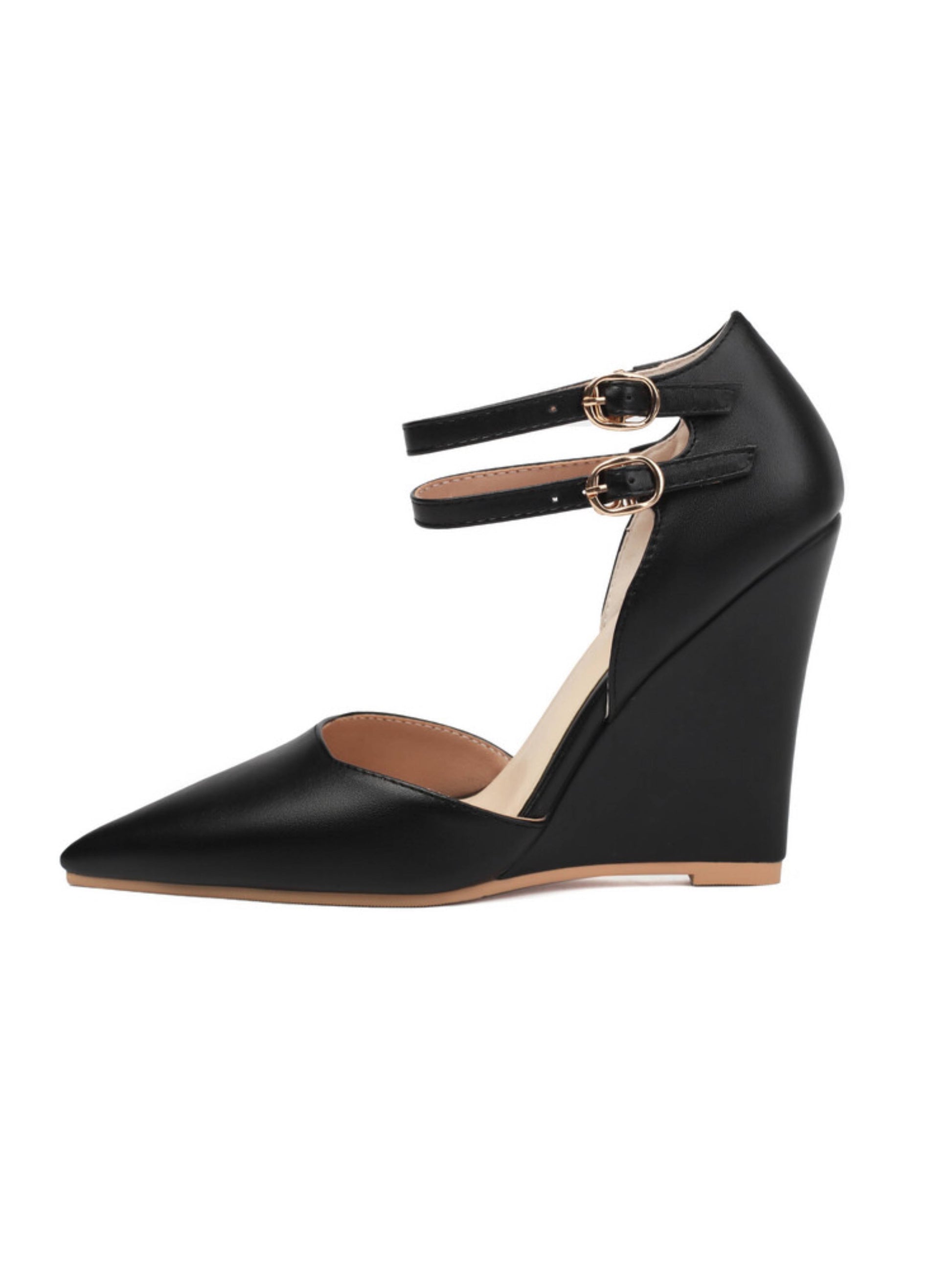 Black wedge heel shoe with ankle strap