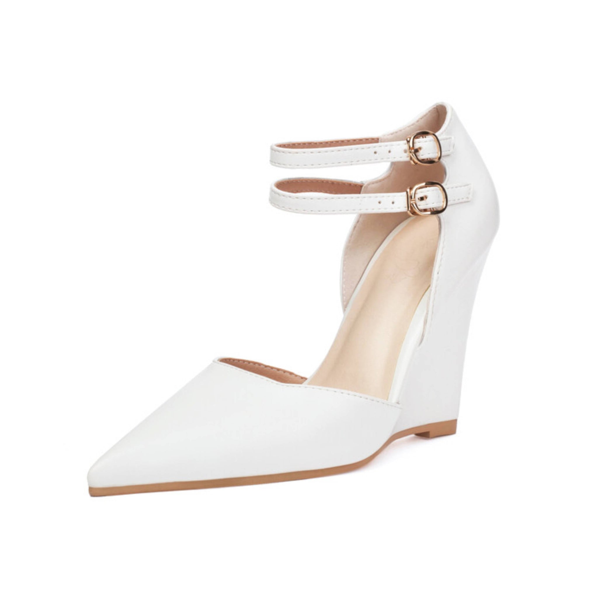 White wedge heel shoe with gold accents