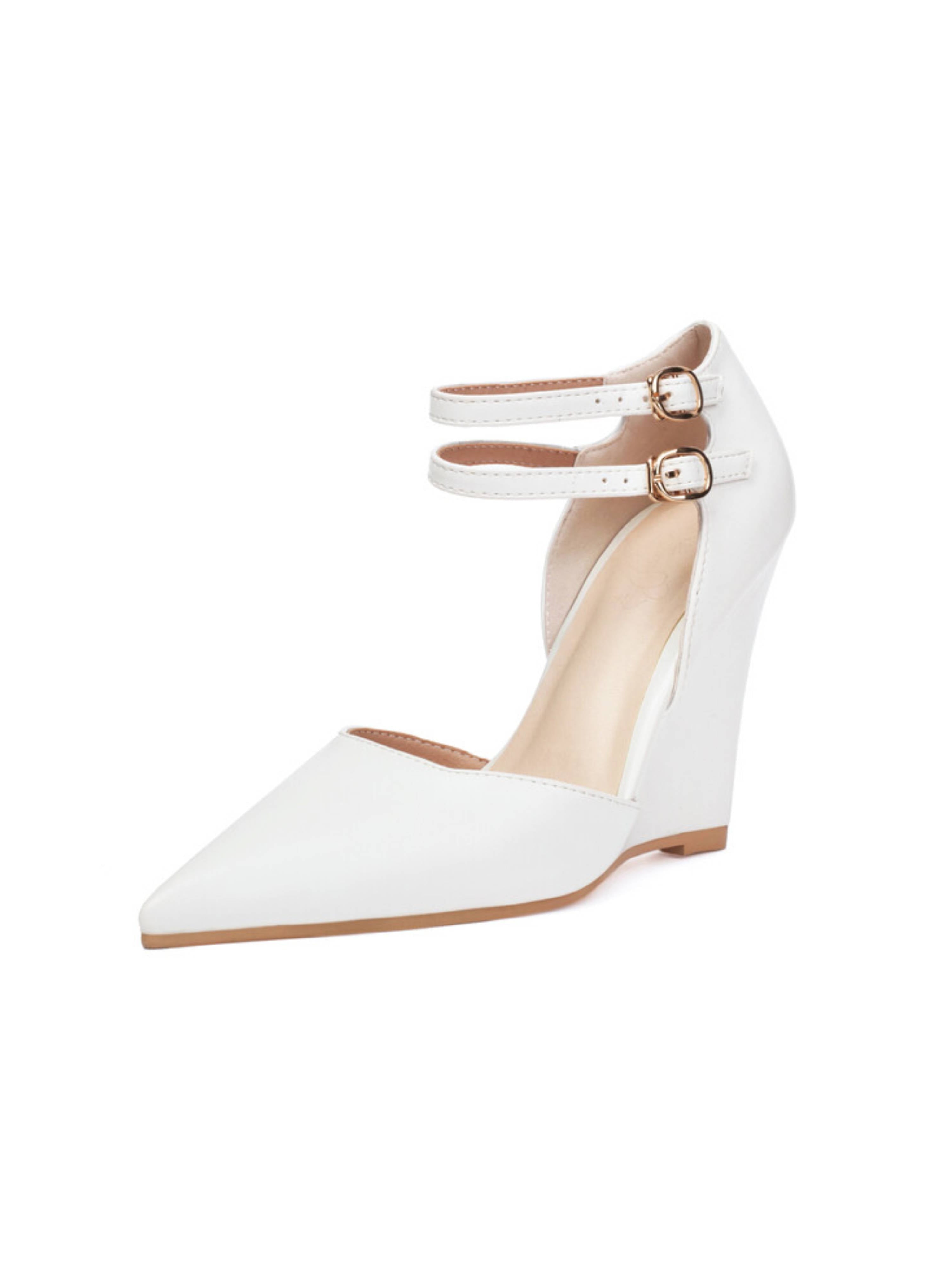 White wedge heel shoe with gold accents