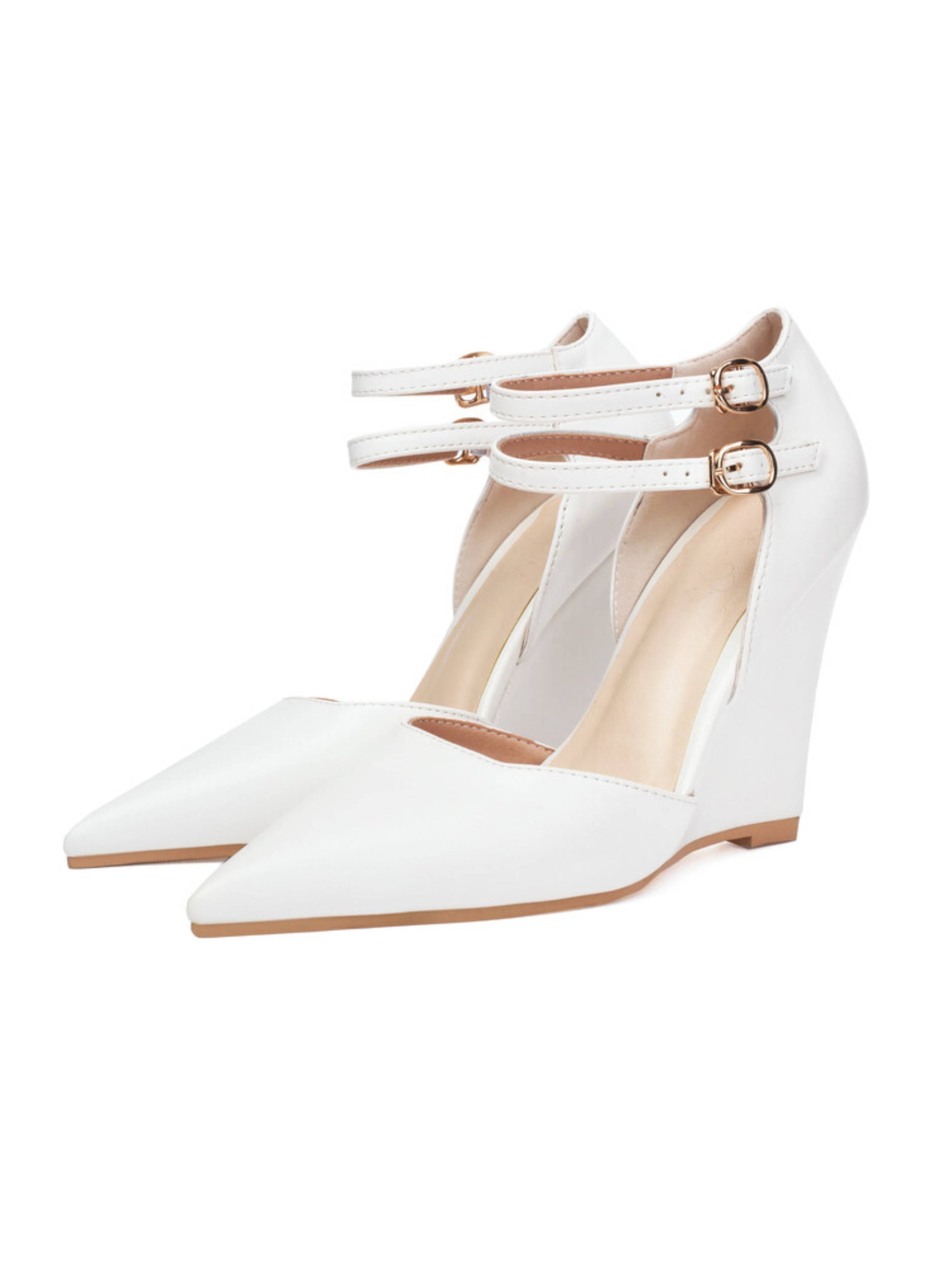 White high-heeled shoes with multiple straps