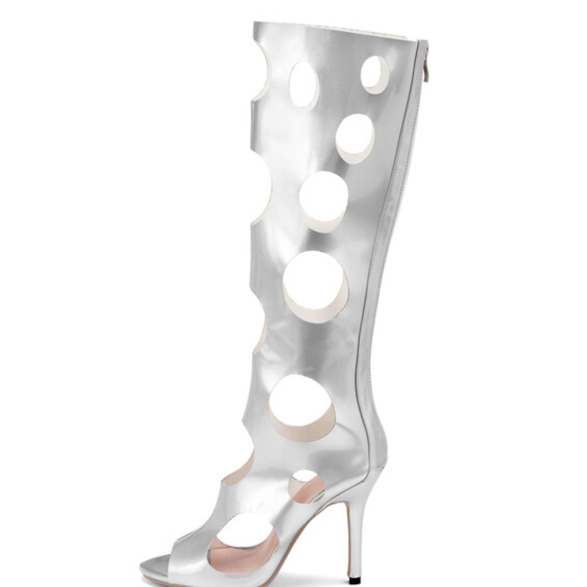 Modern Edge Circle Cut-Out Stiletto Heel Silver Sandals for Women