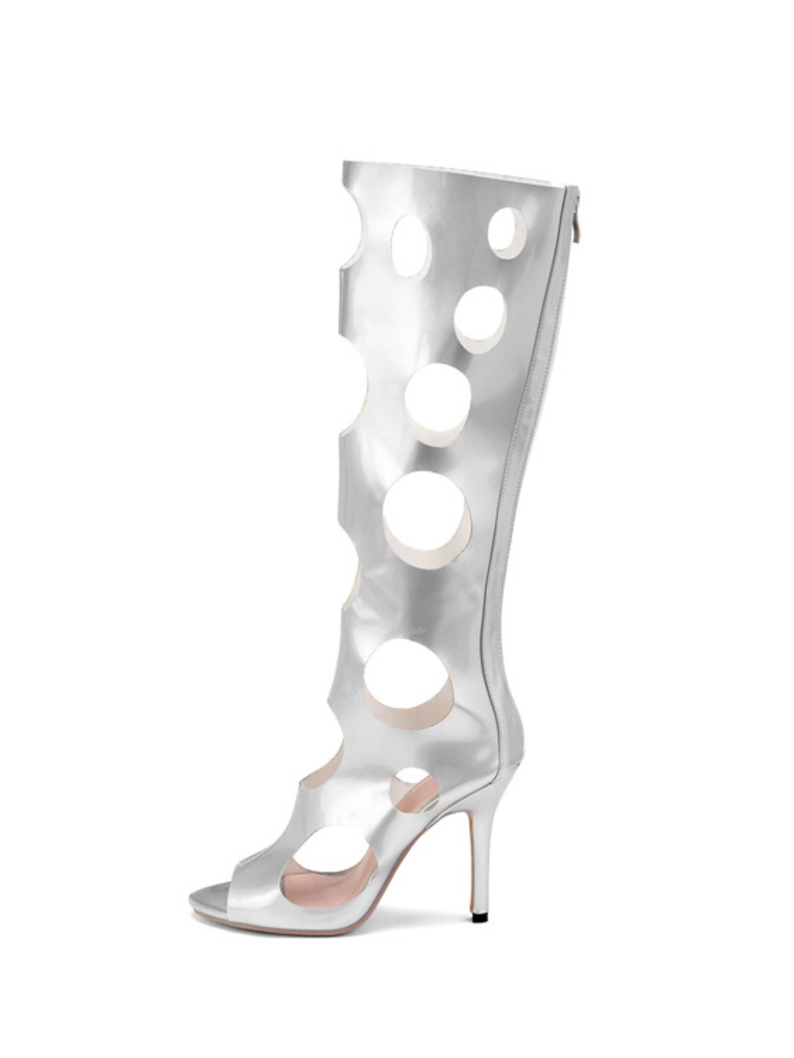 Modern Edge Circle Cut-Out Stiletto Heel Silver Sandals for Women