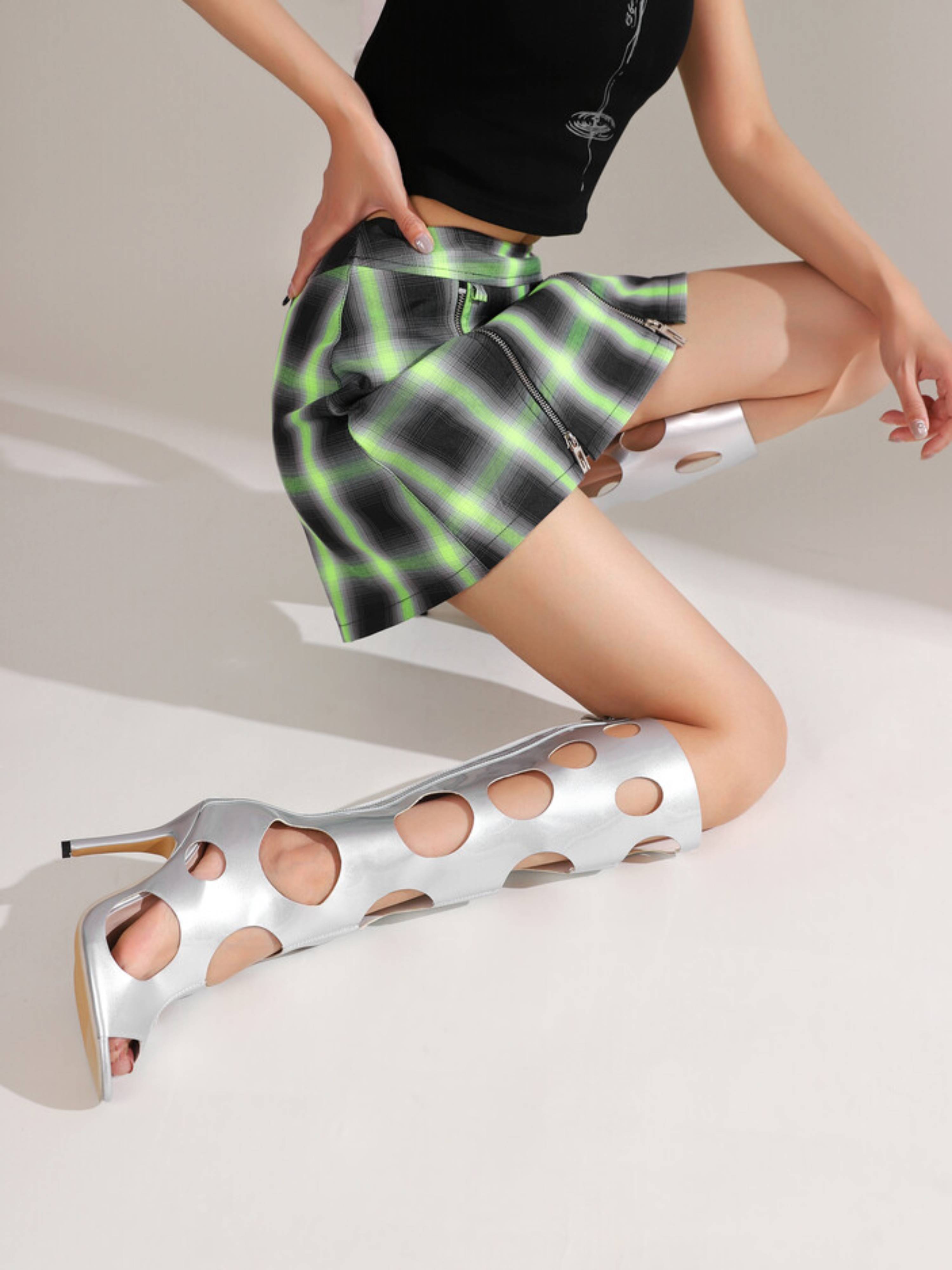 Modern Edge Circle Cut-Out Stiletto Heel Silver Sandals for Women