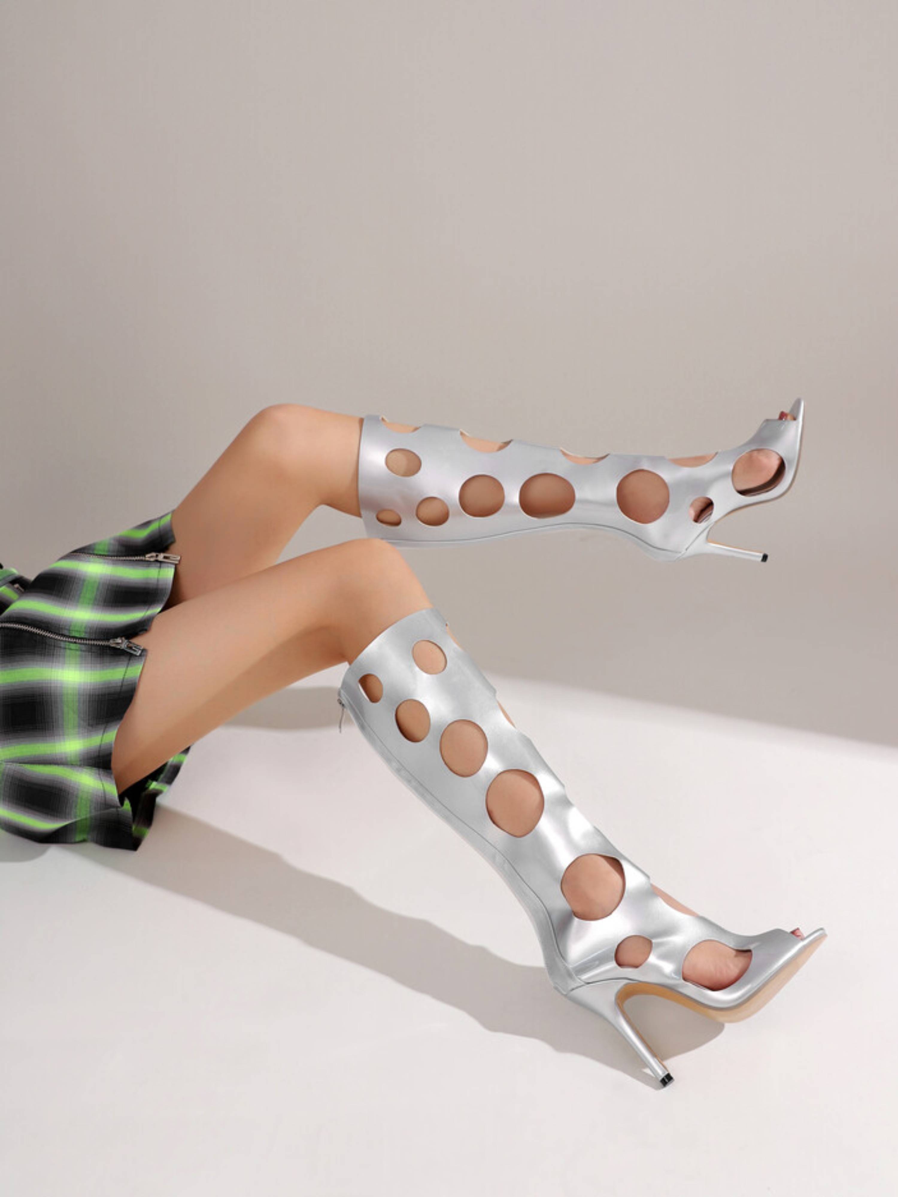 Modern Edge Circle Cut-Out Stiletto Heel Silver Sandals for Women