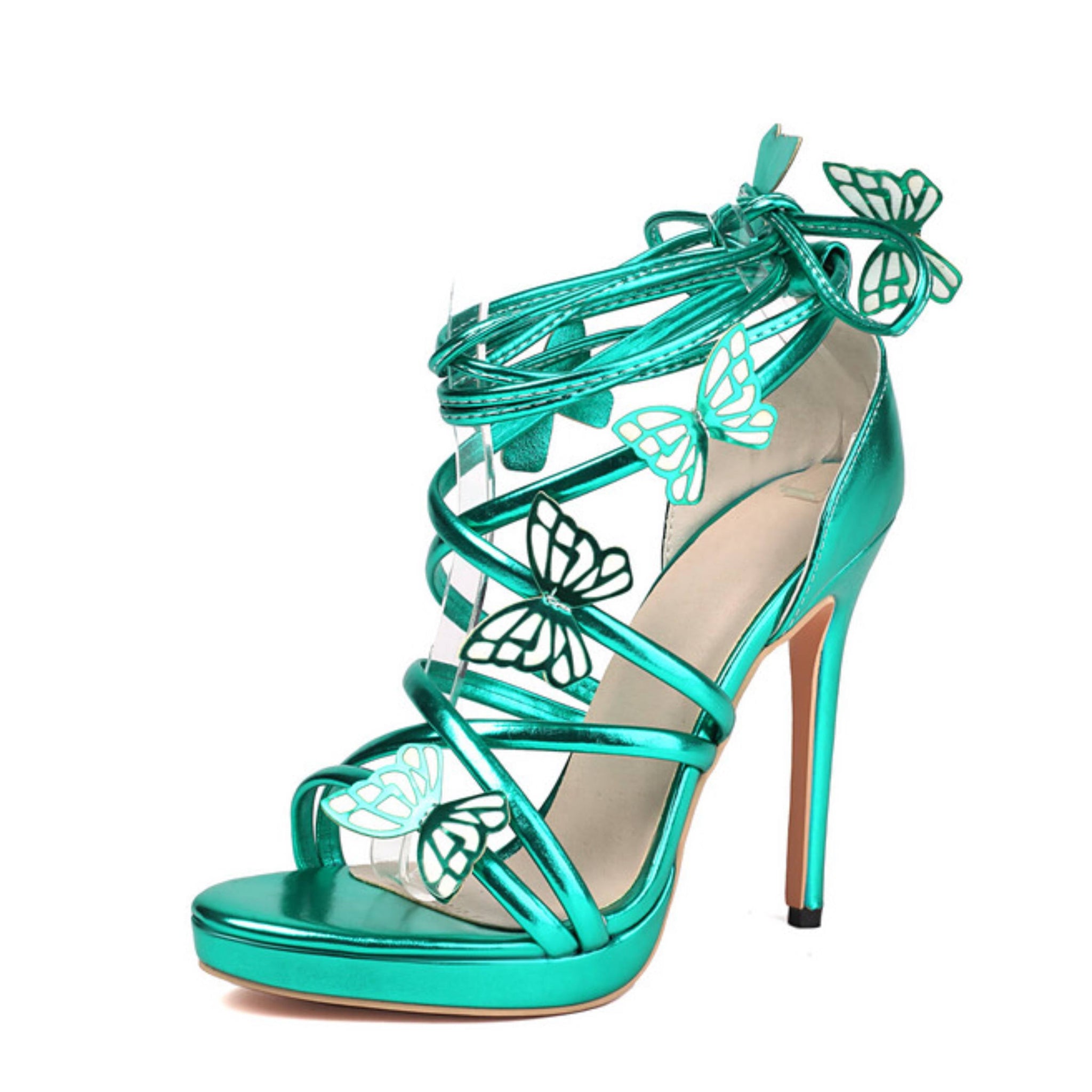 Teal high-heeled shoe with butterfly designs