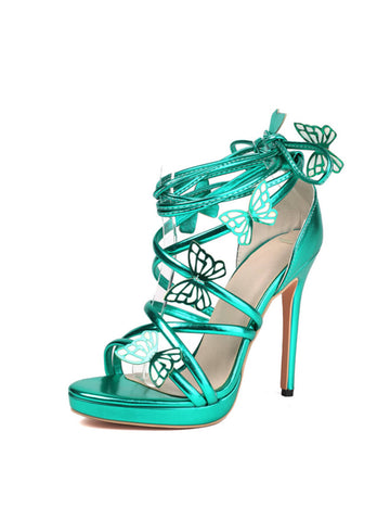 Teal high-heeled shoe with butterfly designs