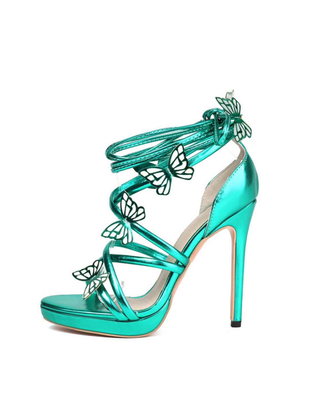 Teal high-heeled shoe with butterfly designs