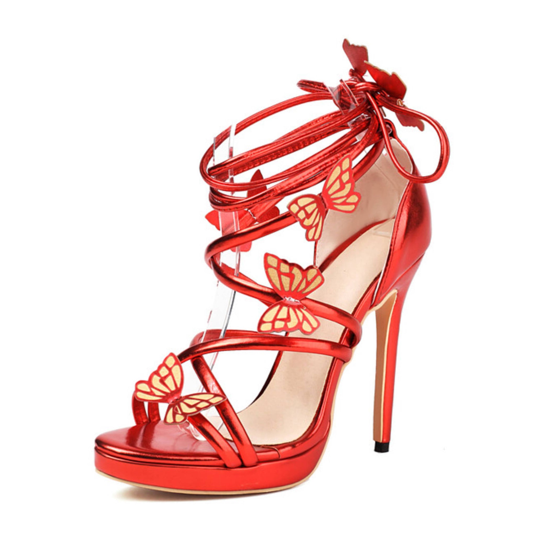 Red high-heeled shoe with butterfly designs