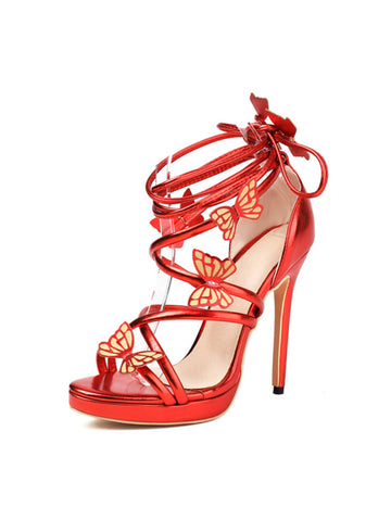 Red high-heeled shoe with butterfly designs