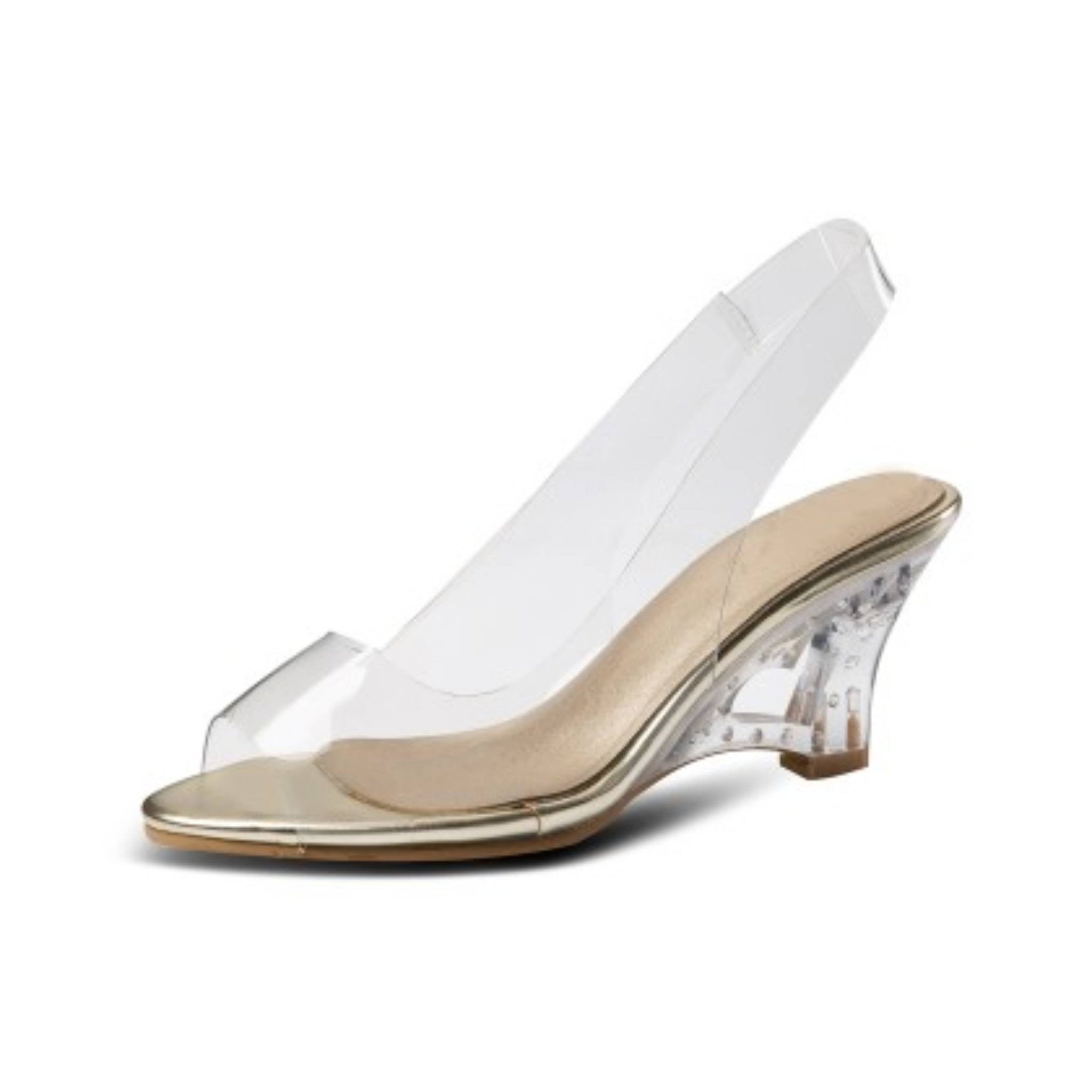Glass Glow Peep Toe Slingback Pumps Gold Sandals for Women