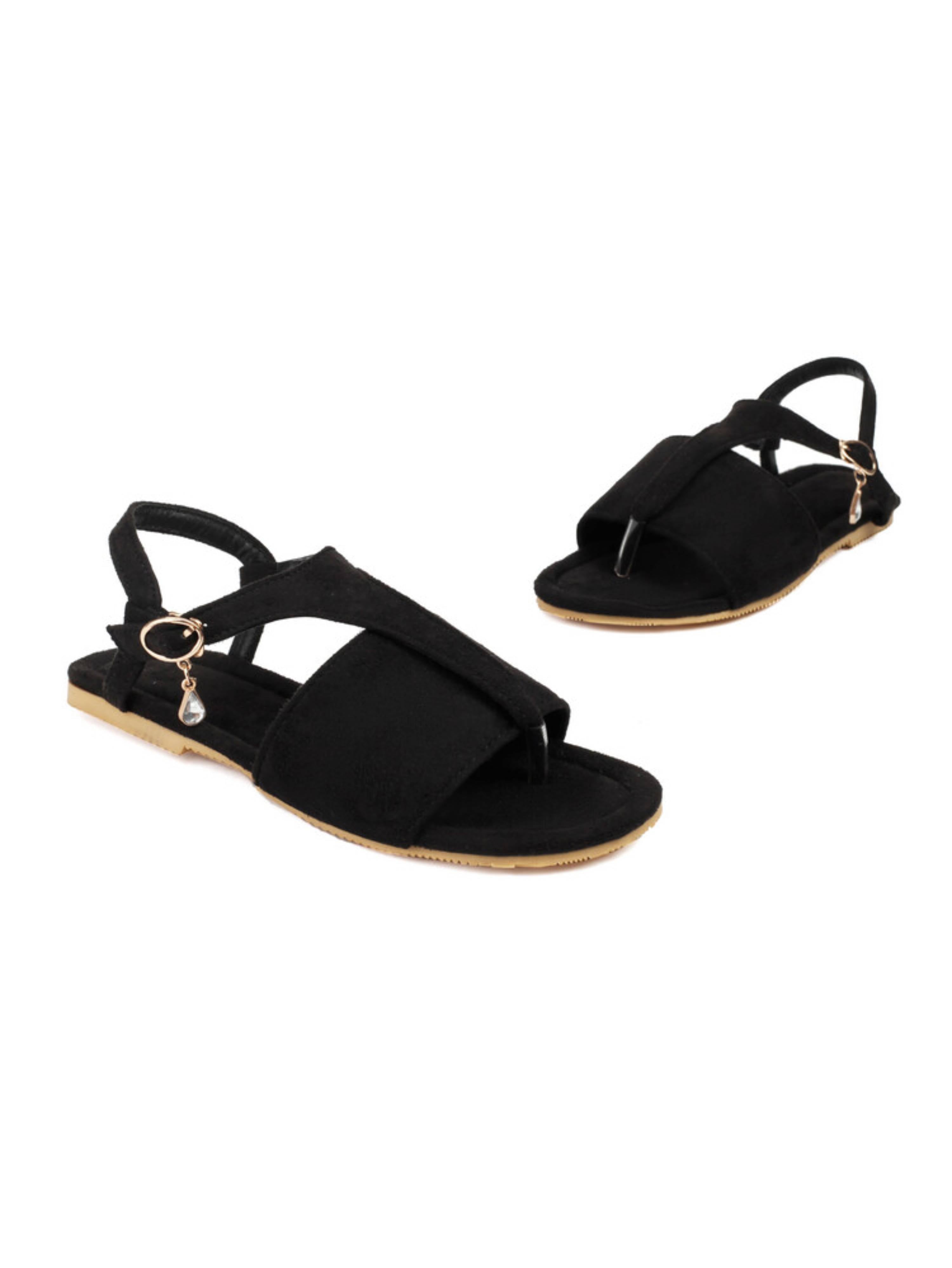 Suede Touch Toe-Ring Women Black Sandals