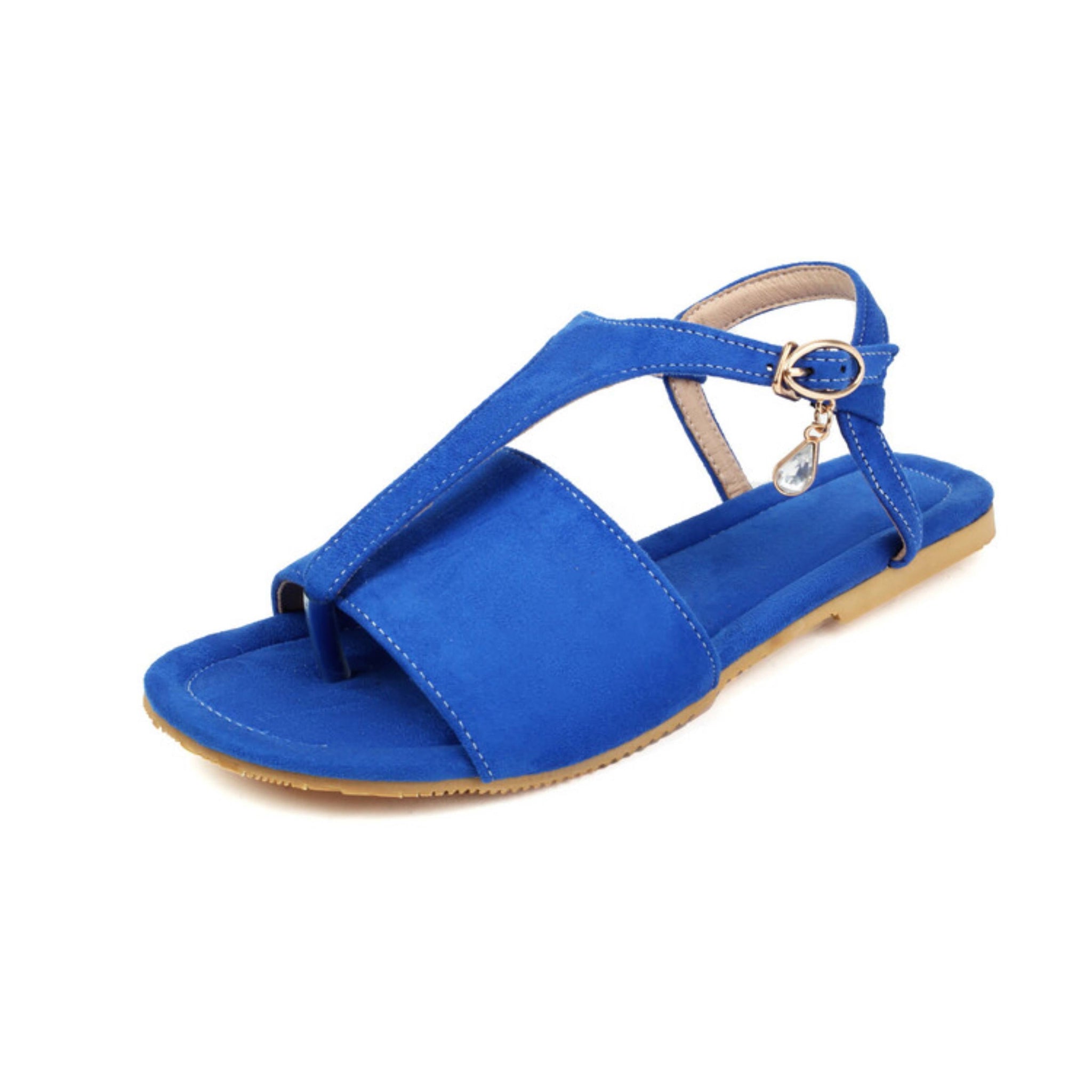 Blue sandal with a gold buckle