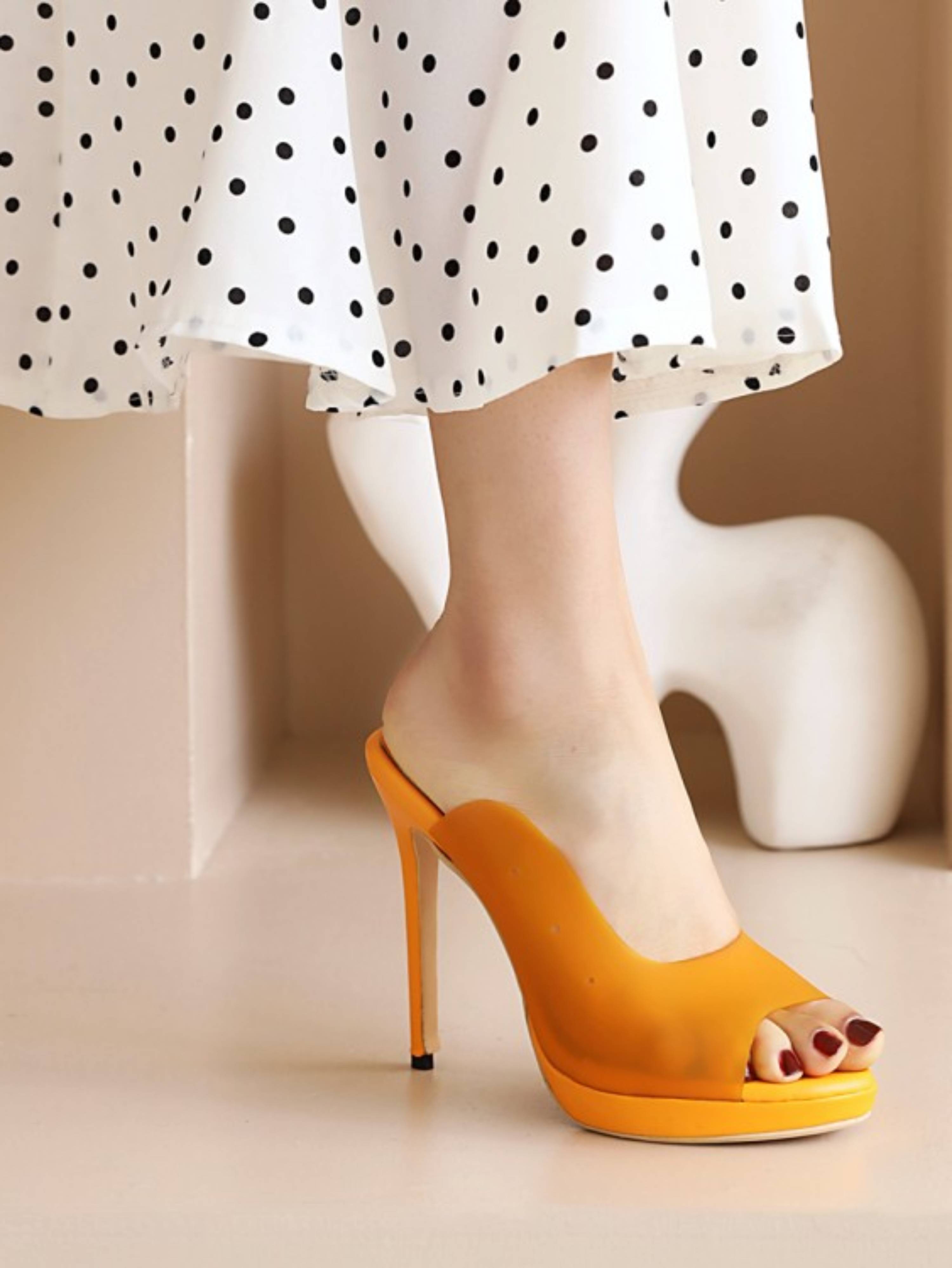 Clear & Fiery Peep Toe Mule Heels Women's Sandals in Orange