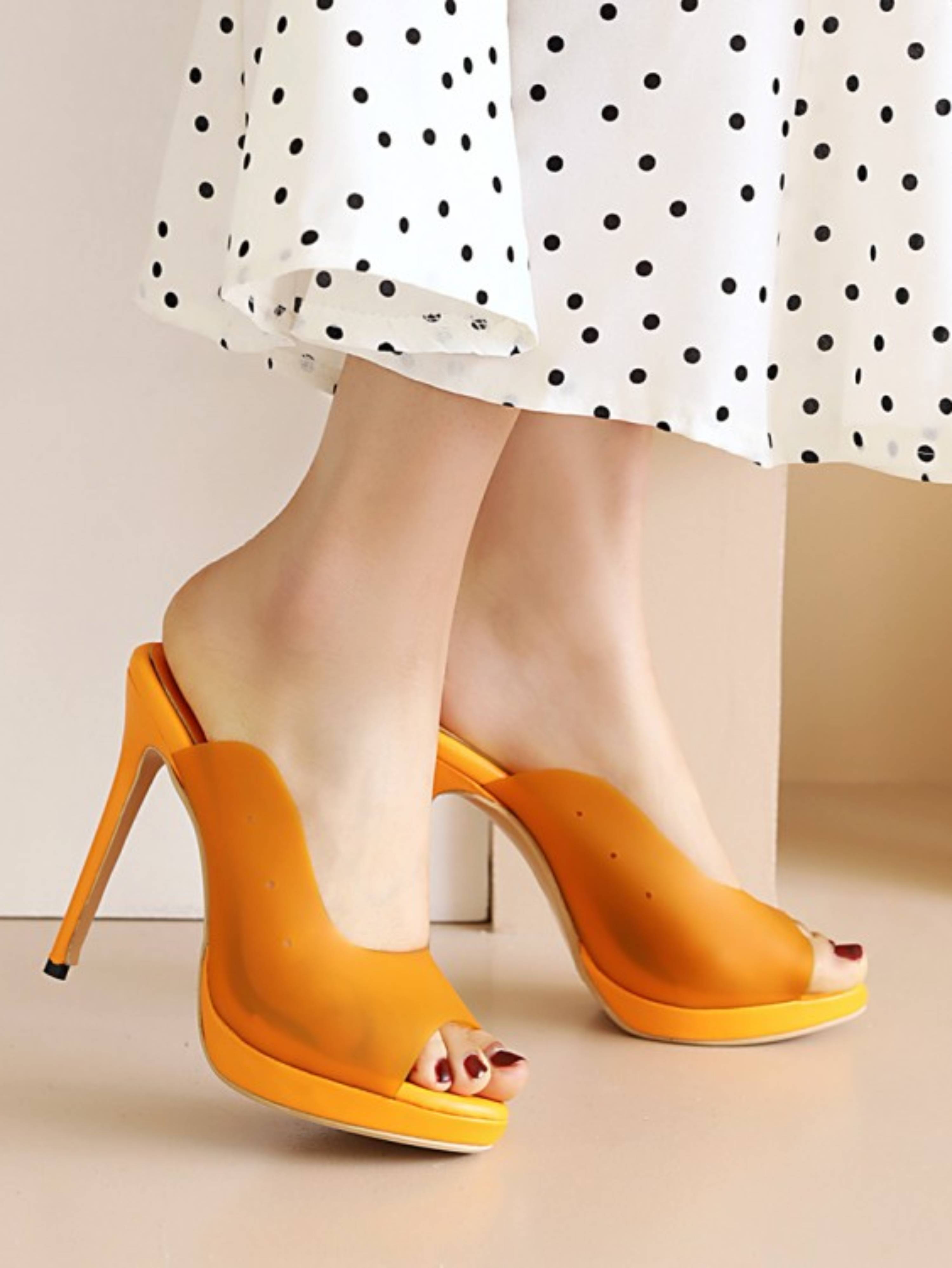 Clear & Fiery Peep Toe Mule Heels Women's Sandals in Orange