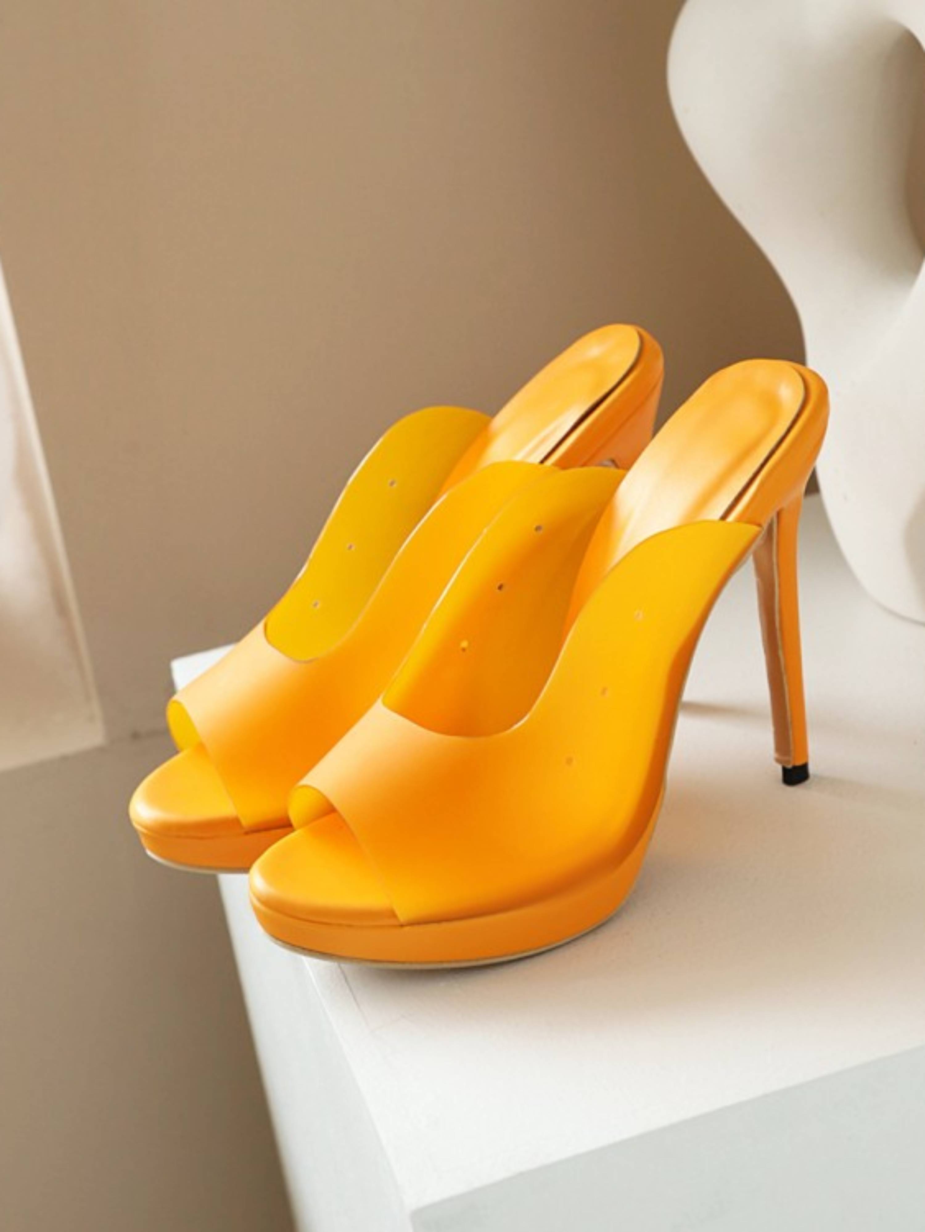 Clear & Fiery Peep Toe Mule Heels Women's Sandals in Orange