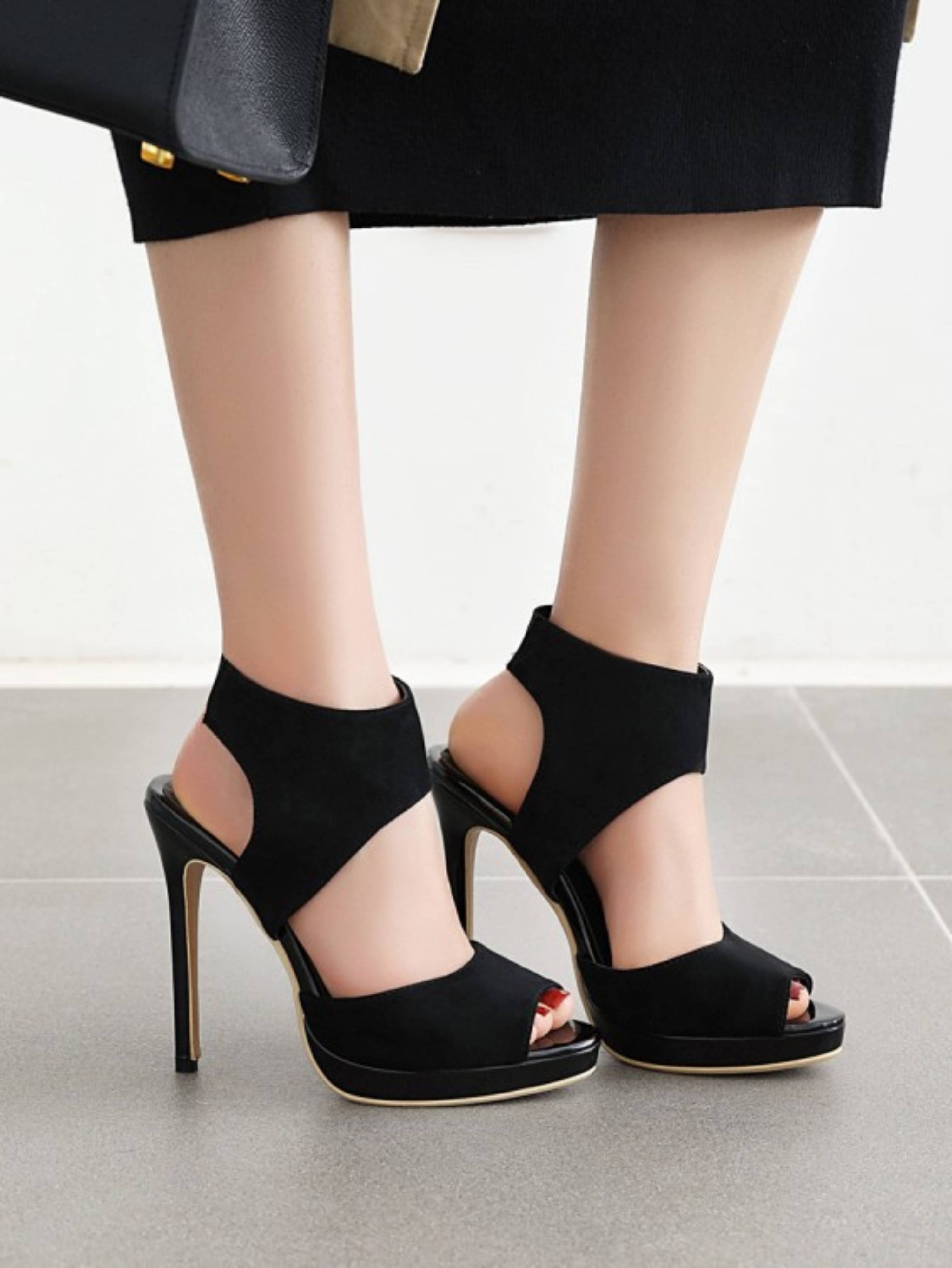 Vegan Suede Heels Black Platform Sandals for Women