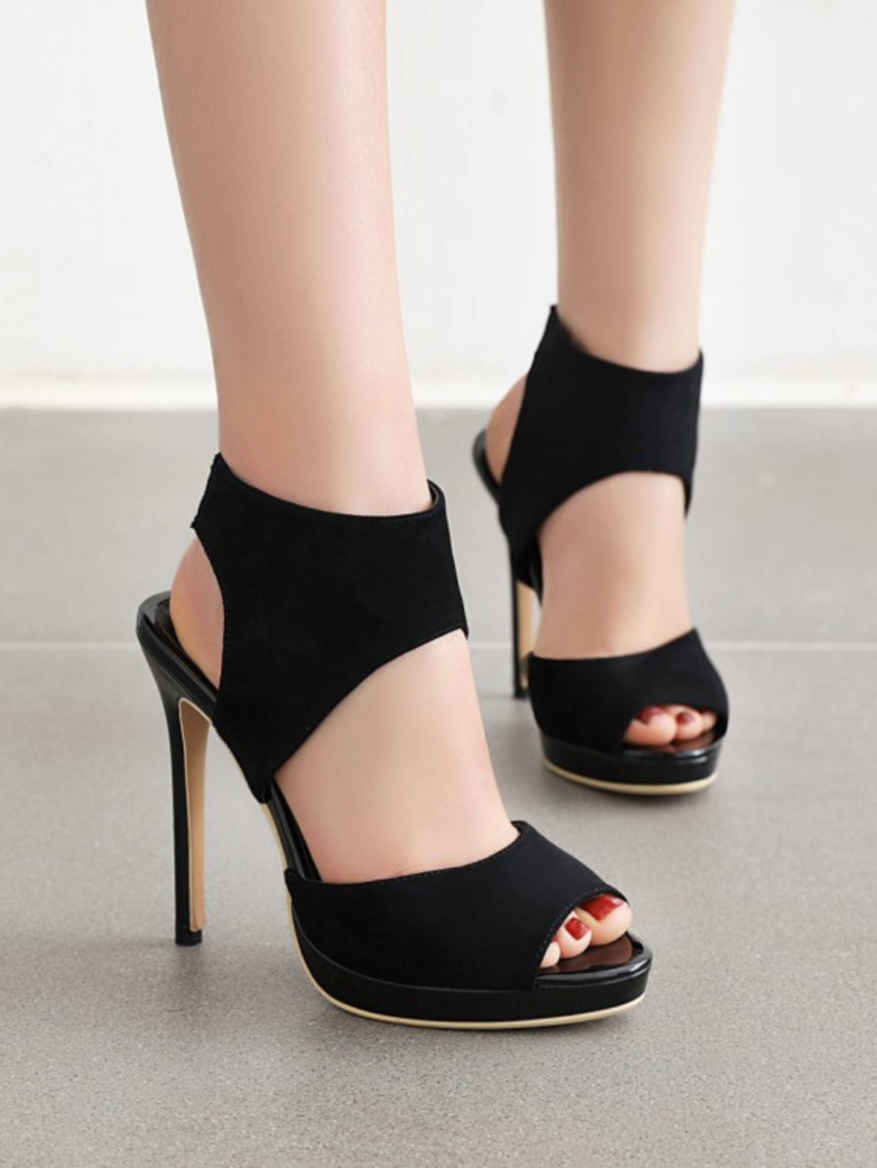 Vegan Suede Heels Black Platform Sandals for Women
