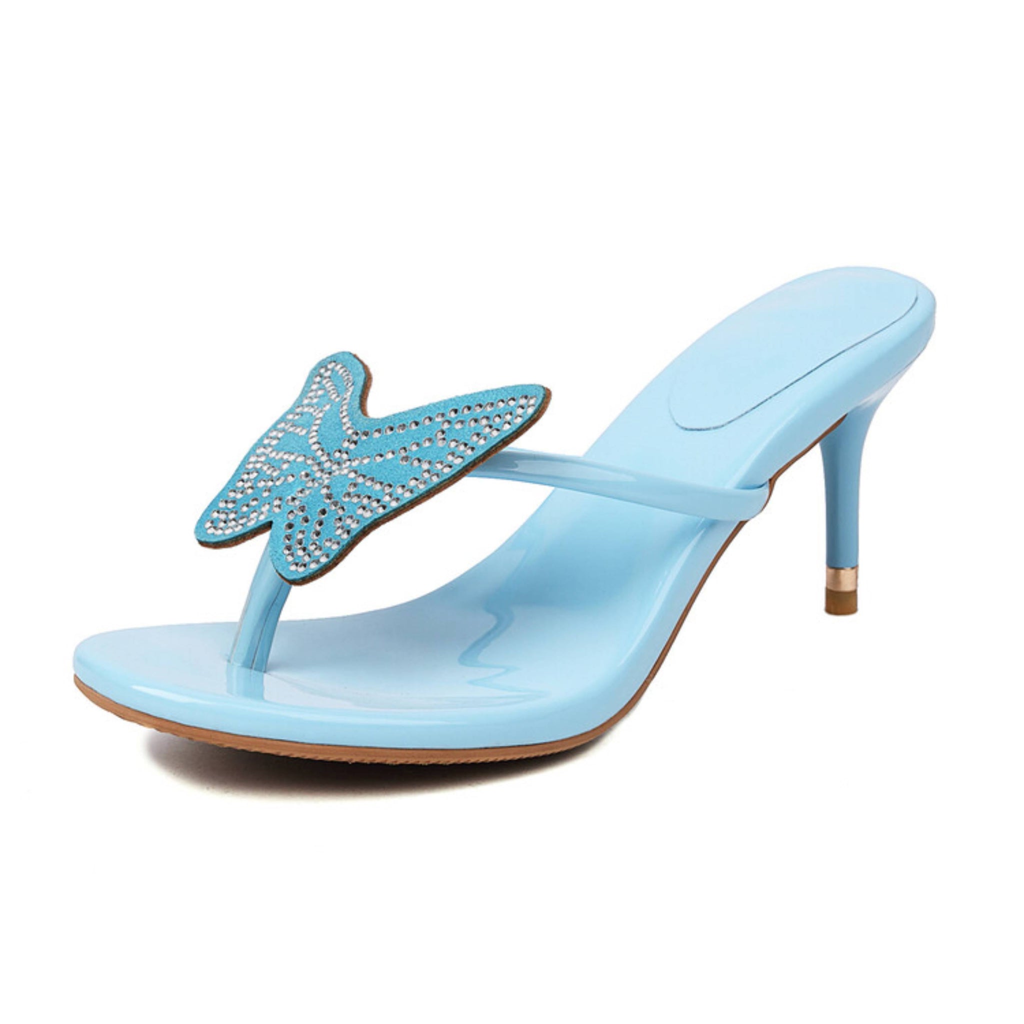 Light blue high-heeled sandal with butterfly design