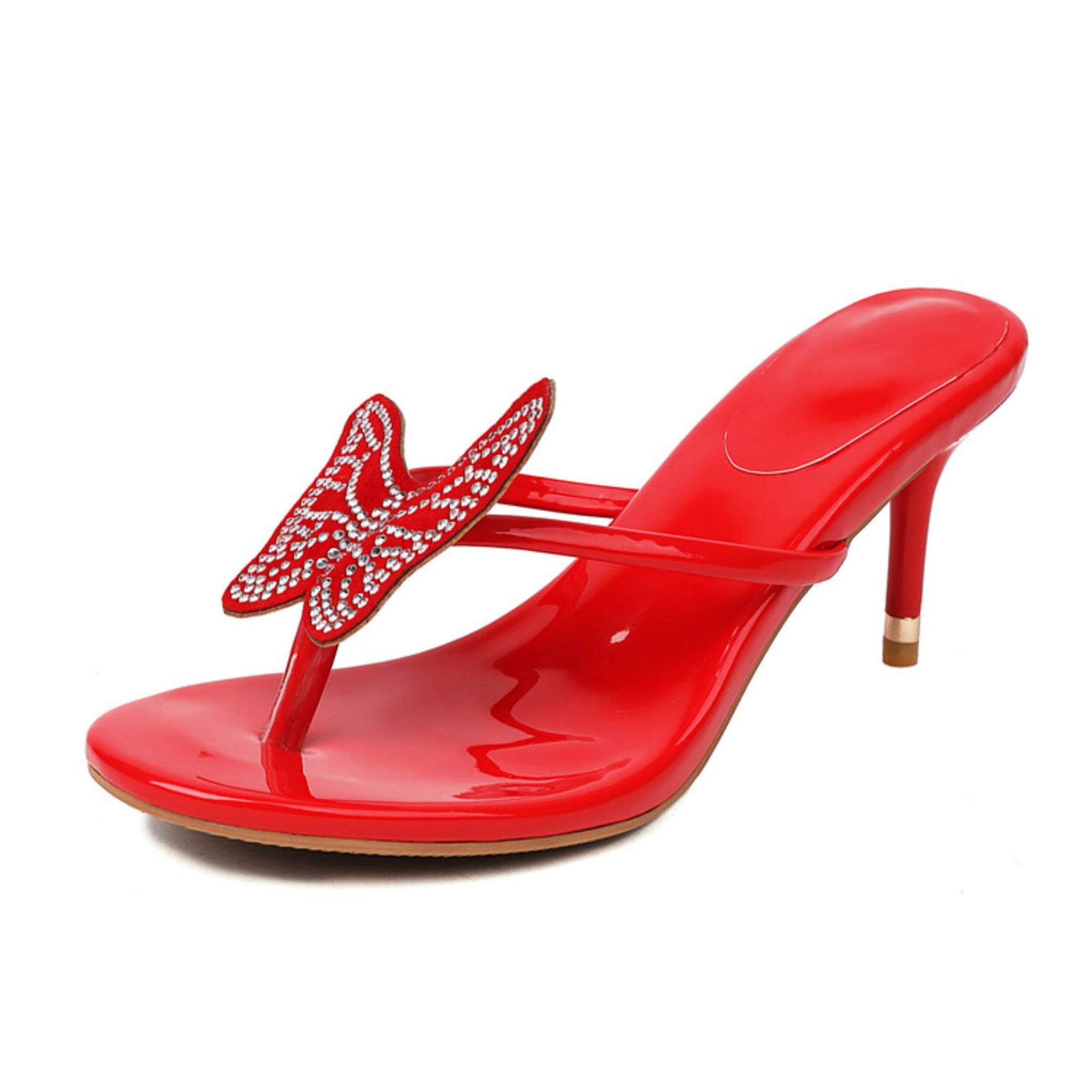 Red high-heeled sandal with butterfly design