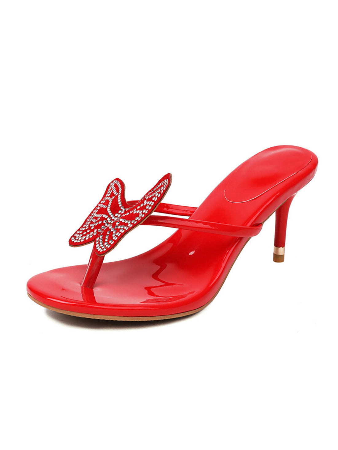 Red high-heeled sandal with butterfly design