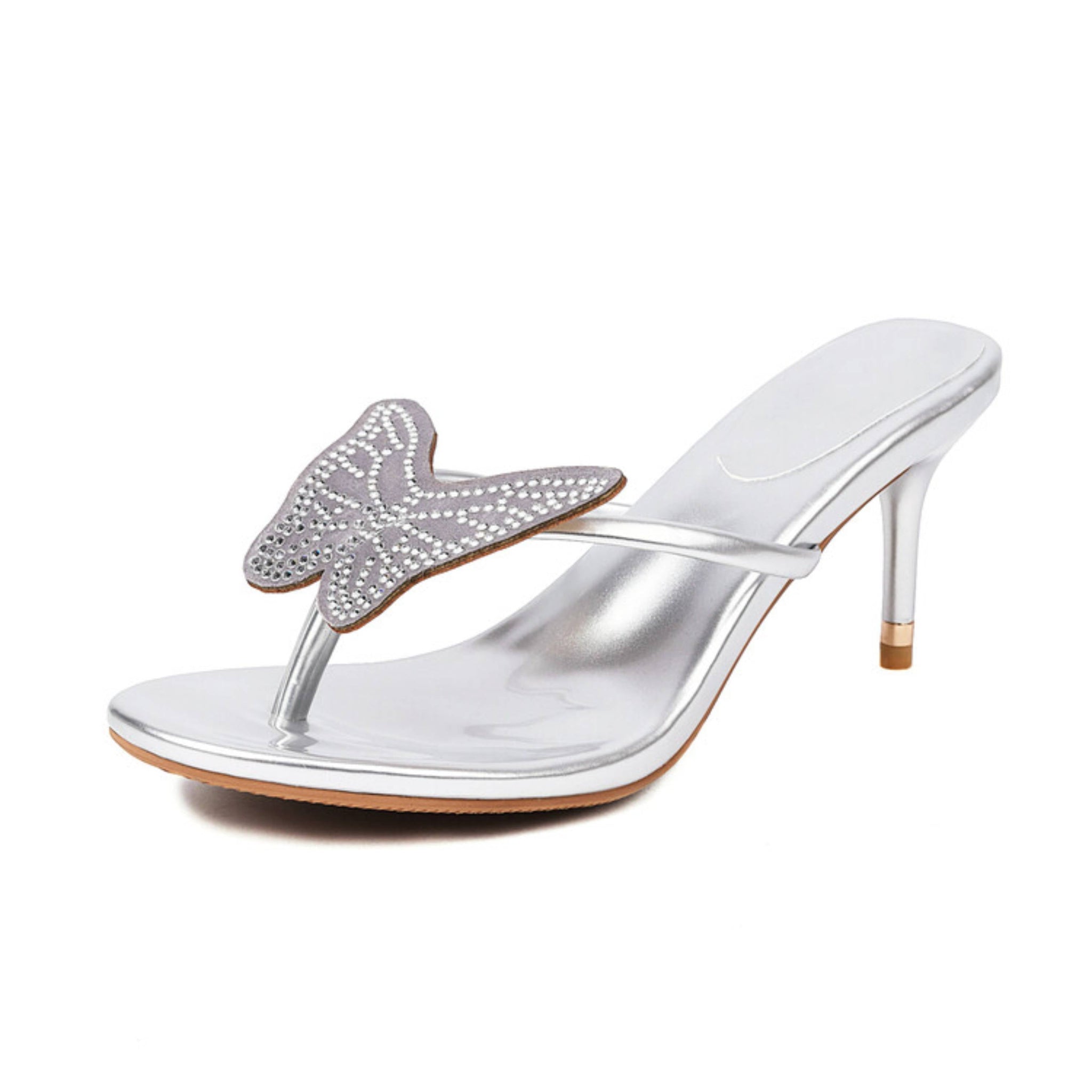 Silver high-heeled sandal with butterfly design