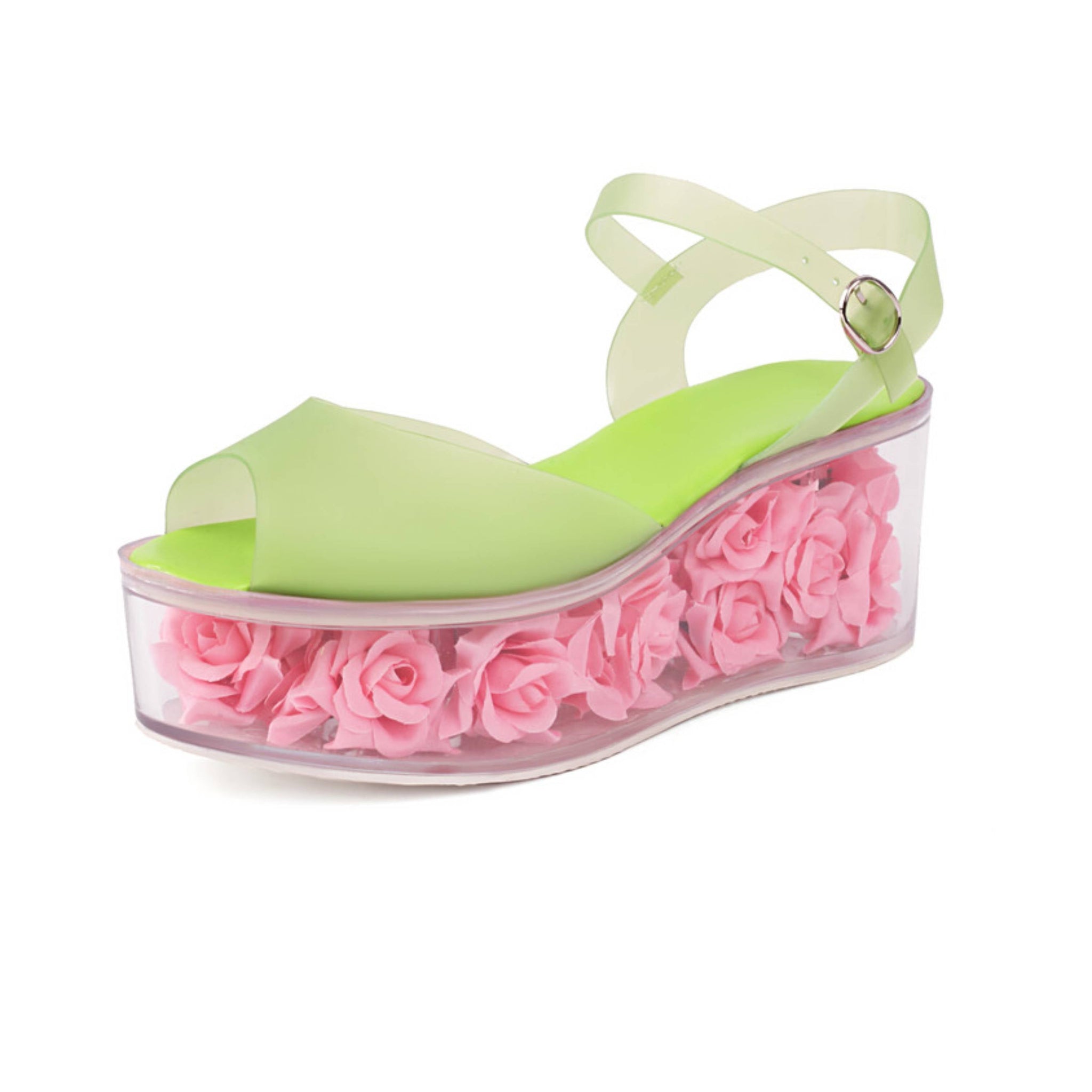 Green sandal with pink rose details