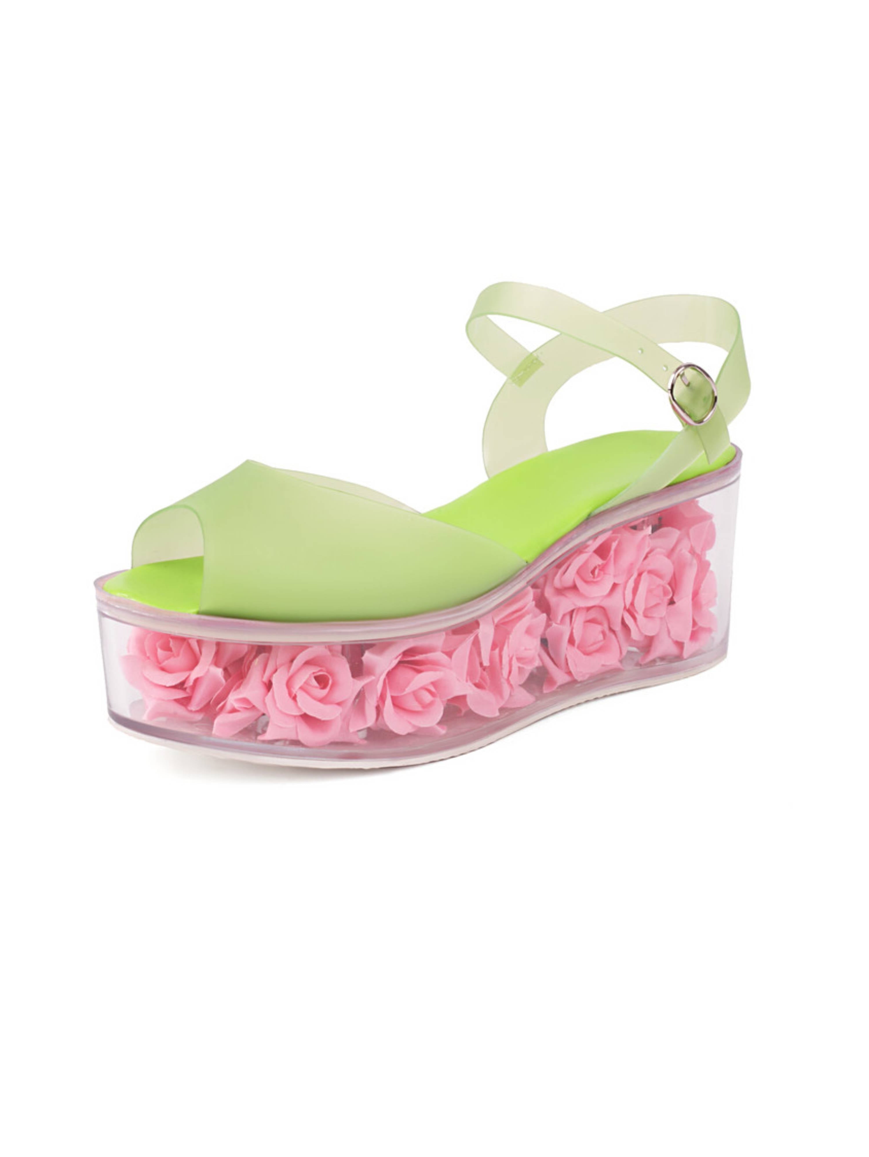 Green sandal with pink rose details